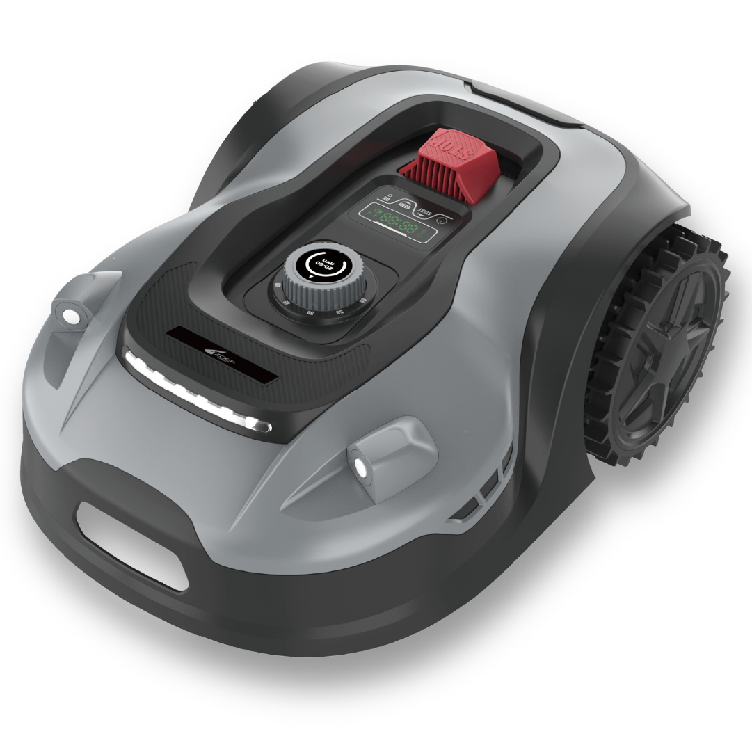 Grijze en zwarte robotmaaier, met knoppen en lichten.