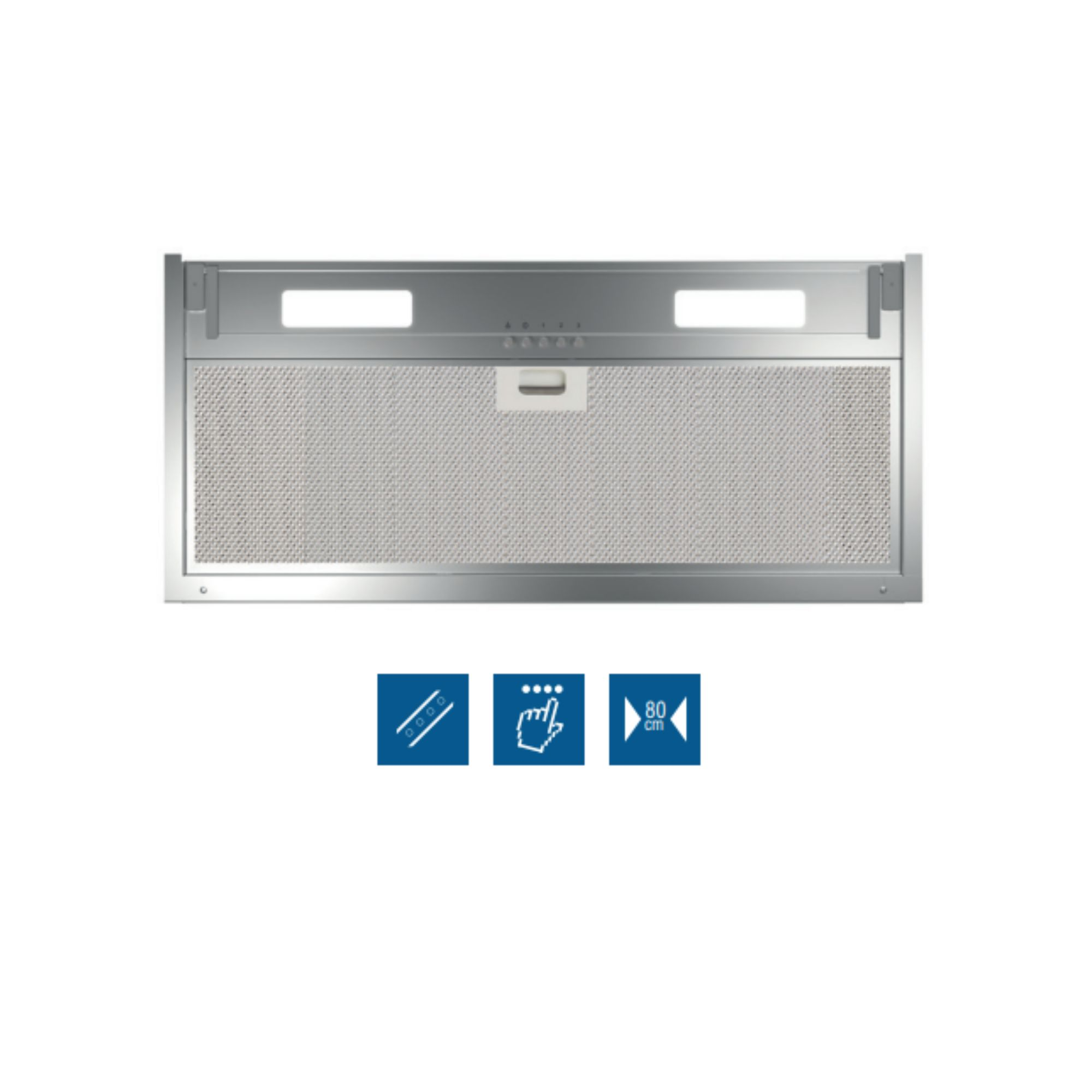 Campana extractora de acero inoxidable con rejilla y botones de control sobre fondo blanco.