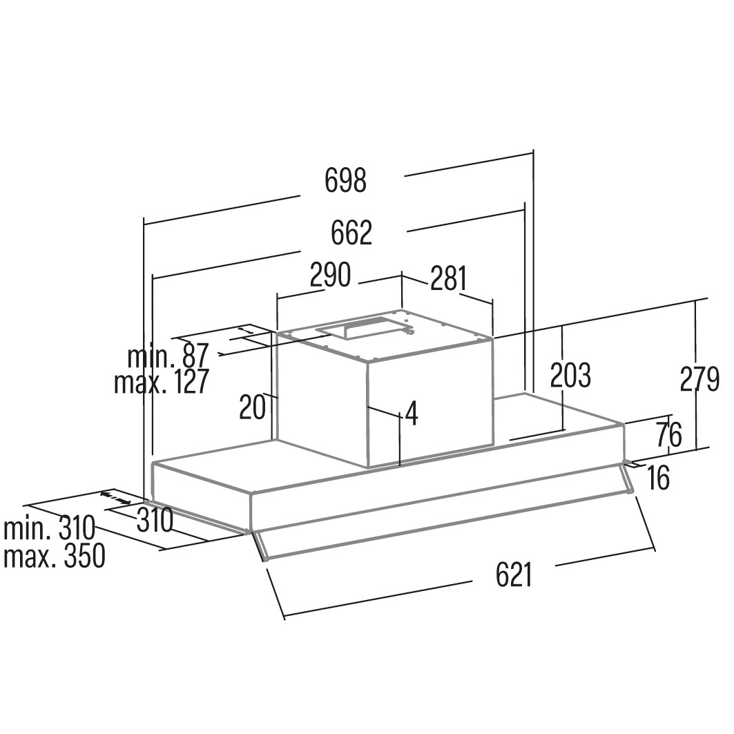 Dibujo técnico de una campana extractora con dimensiones y medidas para la instalación.