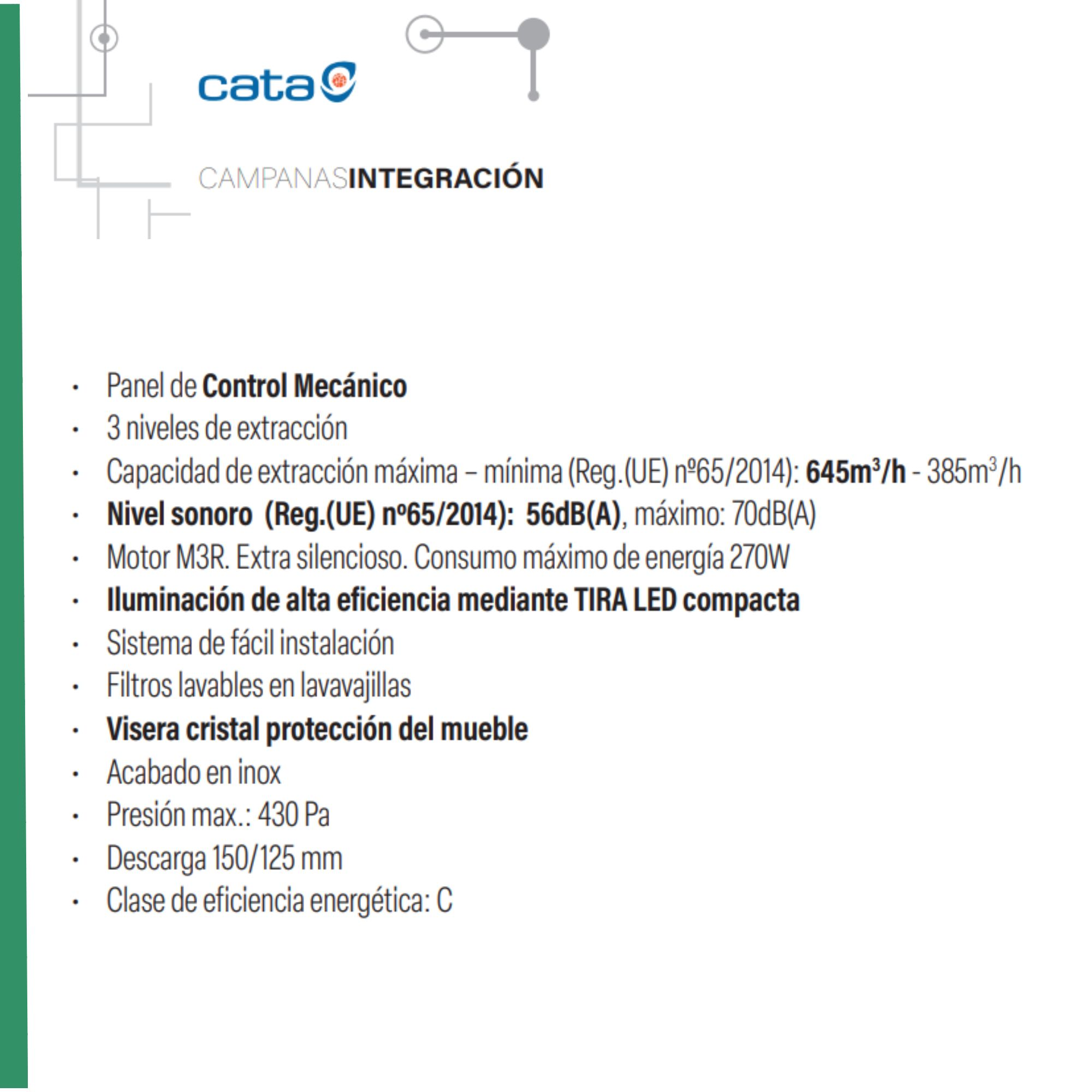Documento de texto con descripciones de un producto de integración Cata. Incluye especificaciones técnicas y características.