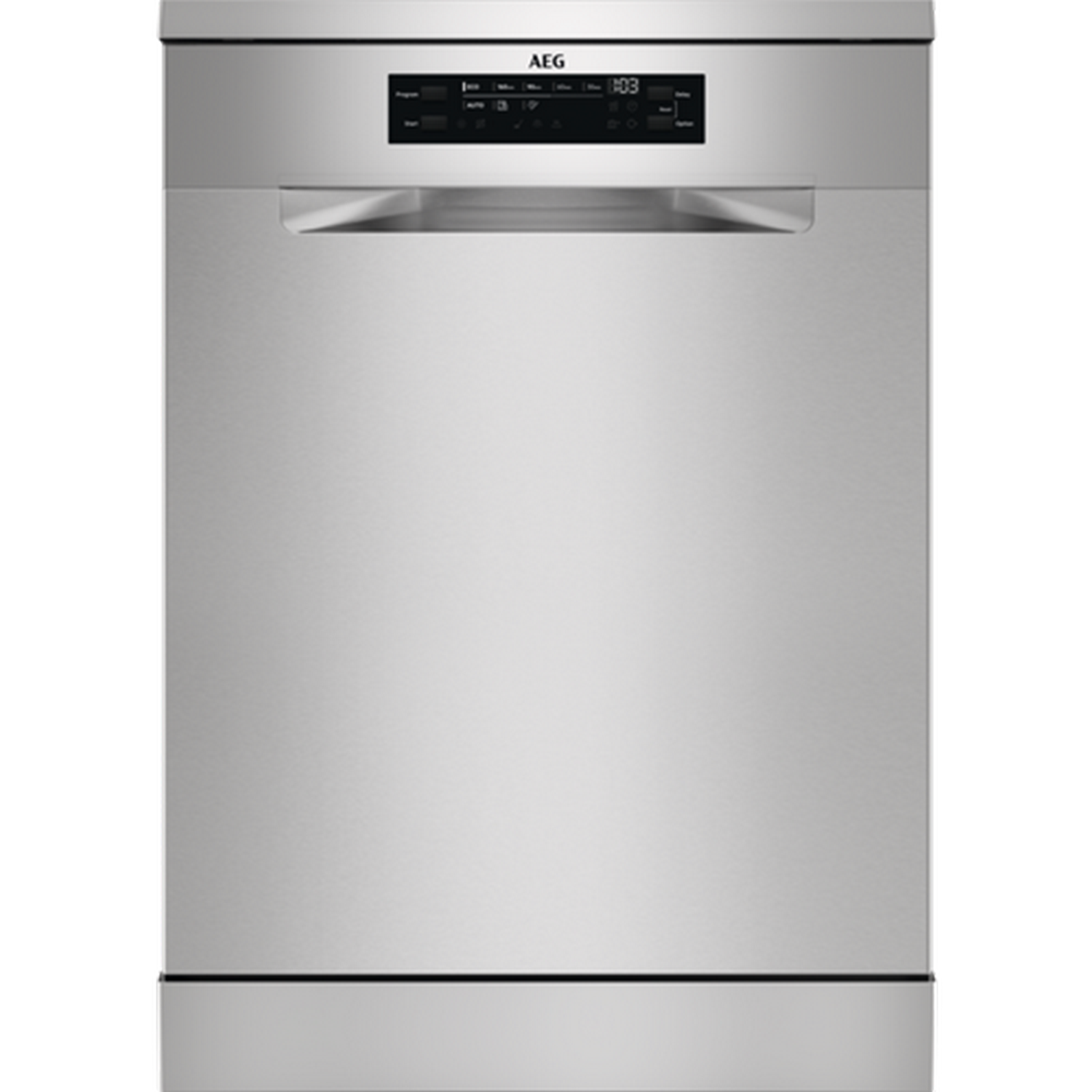 Srebrna zmywarka AEG z cyfrowym wyświetlaczem i uchwytem. Czarne tło.
