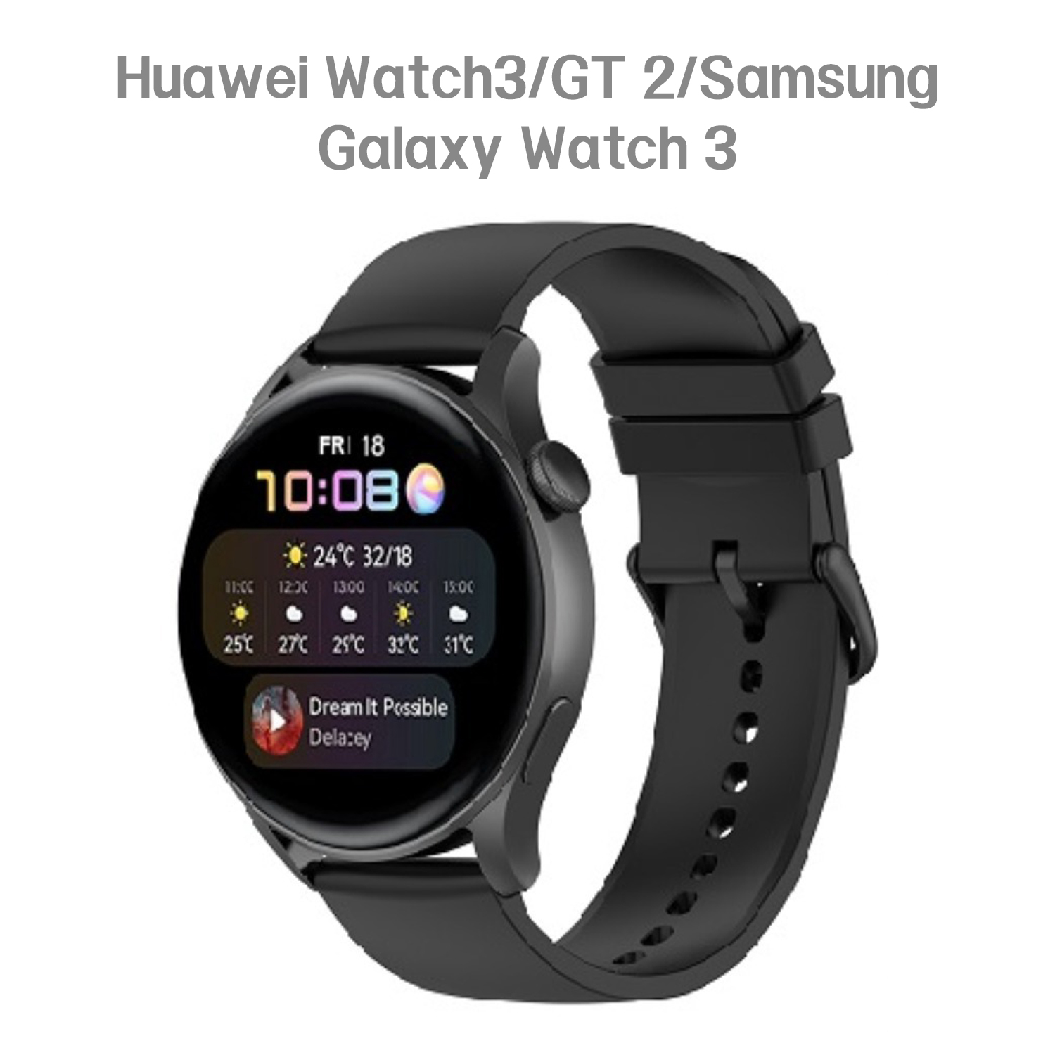 Czarny smartwatch z okrągłym wyświetlaczem, pokazujący godzinę i pogodę. Czarny pasek.