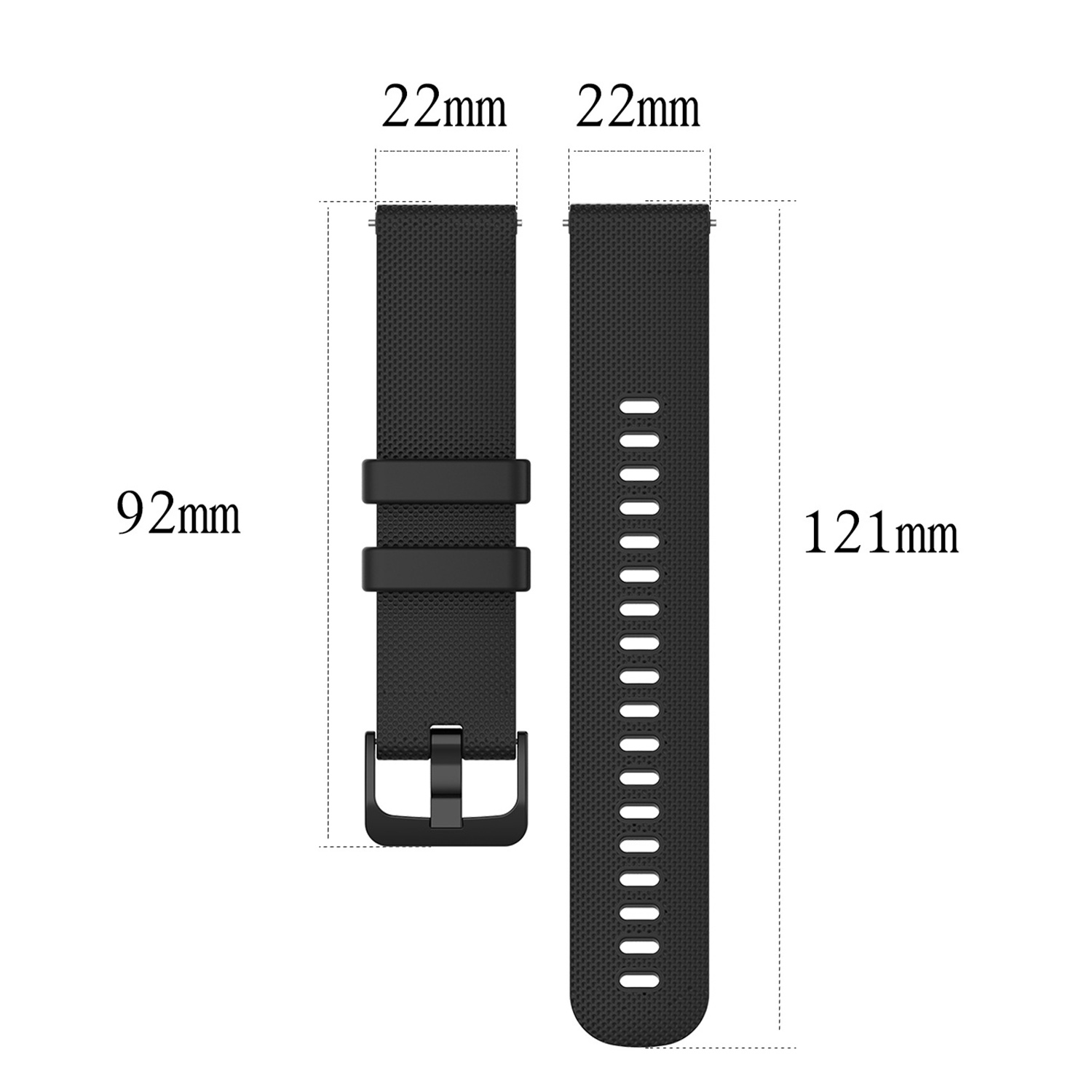 Ein schwarzes Armband mit Maßen. Das Band hat eine Schnalle.