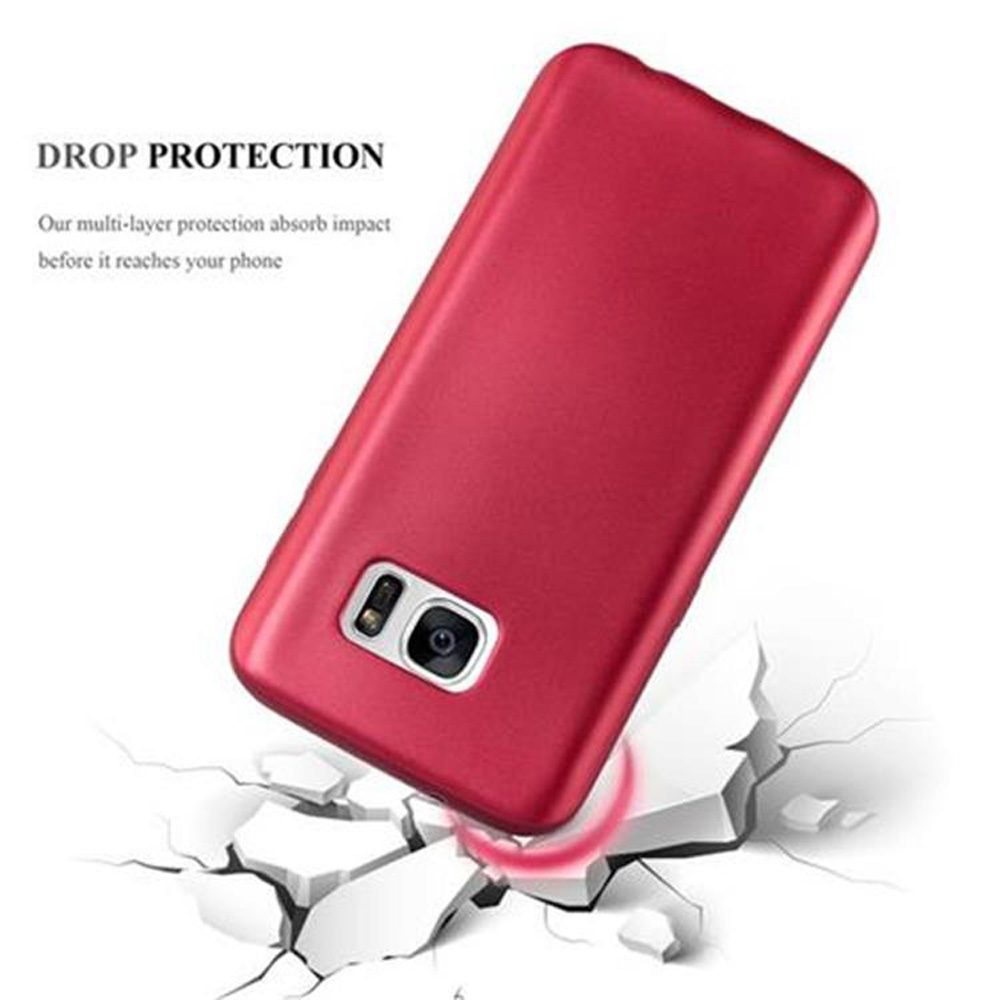 Funda roja para teléfono en superficie blanca agrietada. Visible 'DROP PROTECTION'.