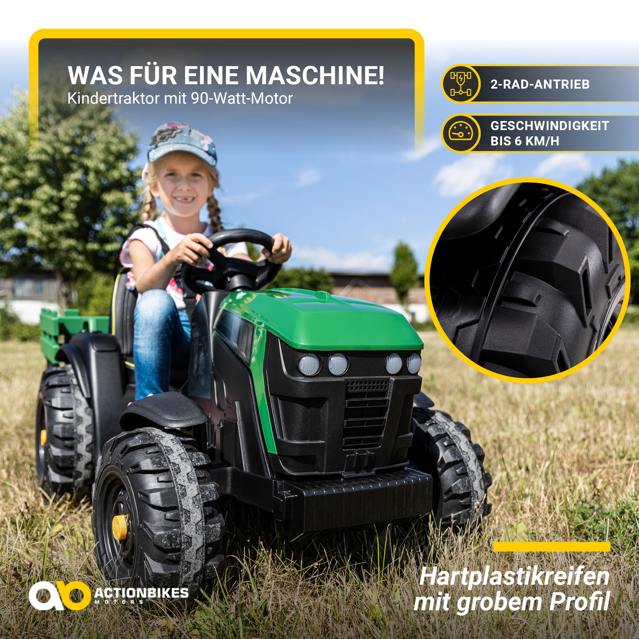 Ein Kind fährt einen grün-schwarzen Spielzeugtraktor mit Text über seine Eigenschaften.