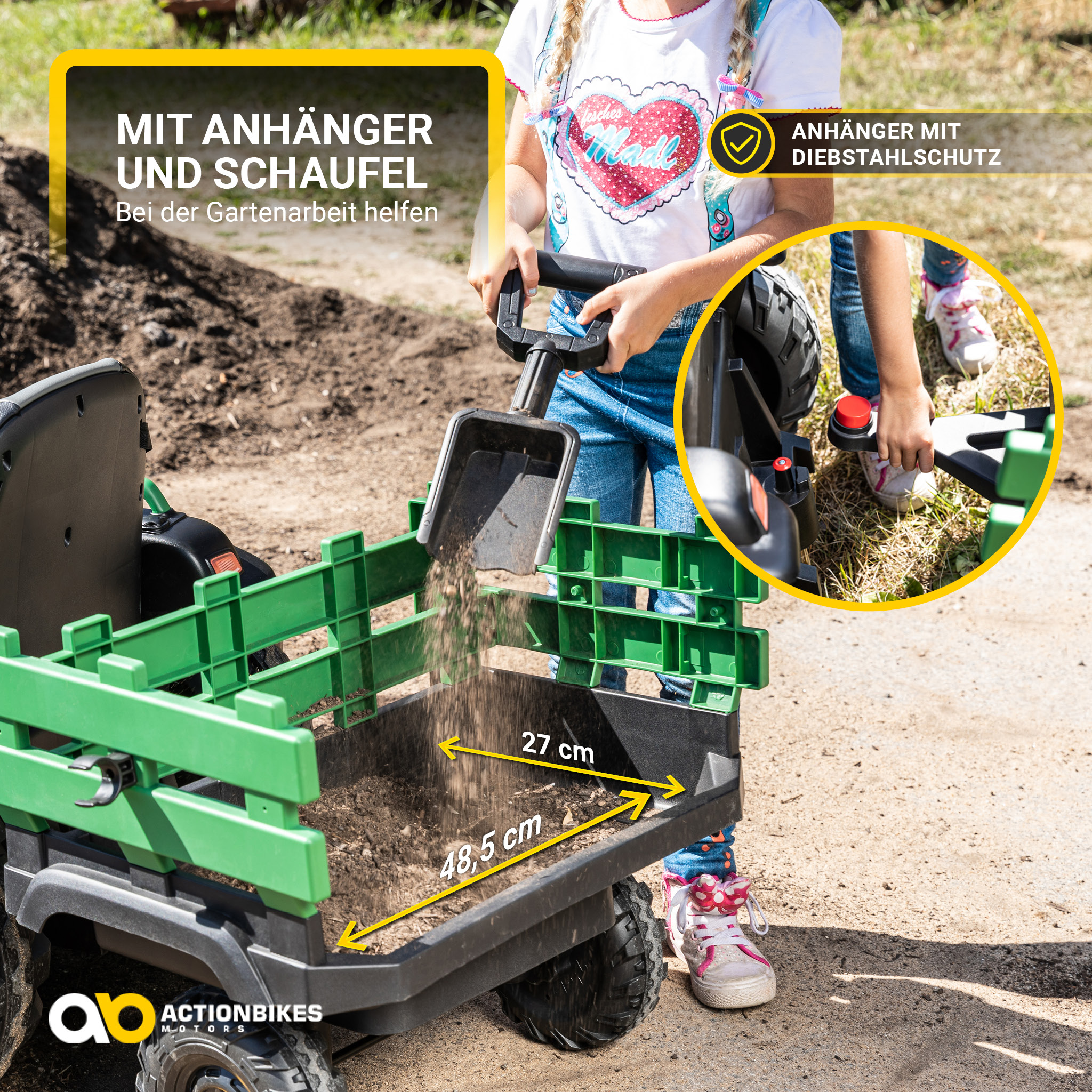Ein Mädchen benutzt einen Spielzeugtraktor mit Schaufel, hilft bei Gartenarbeit mit Maßangaben.