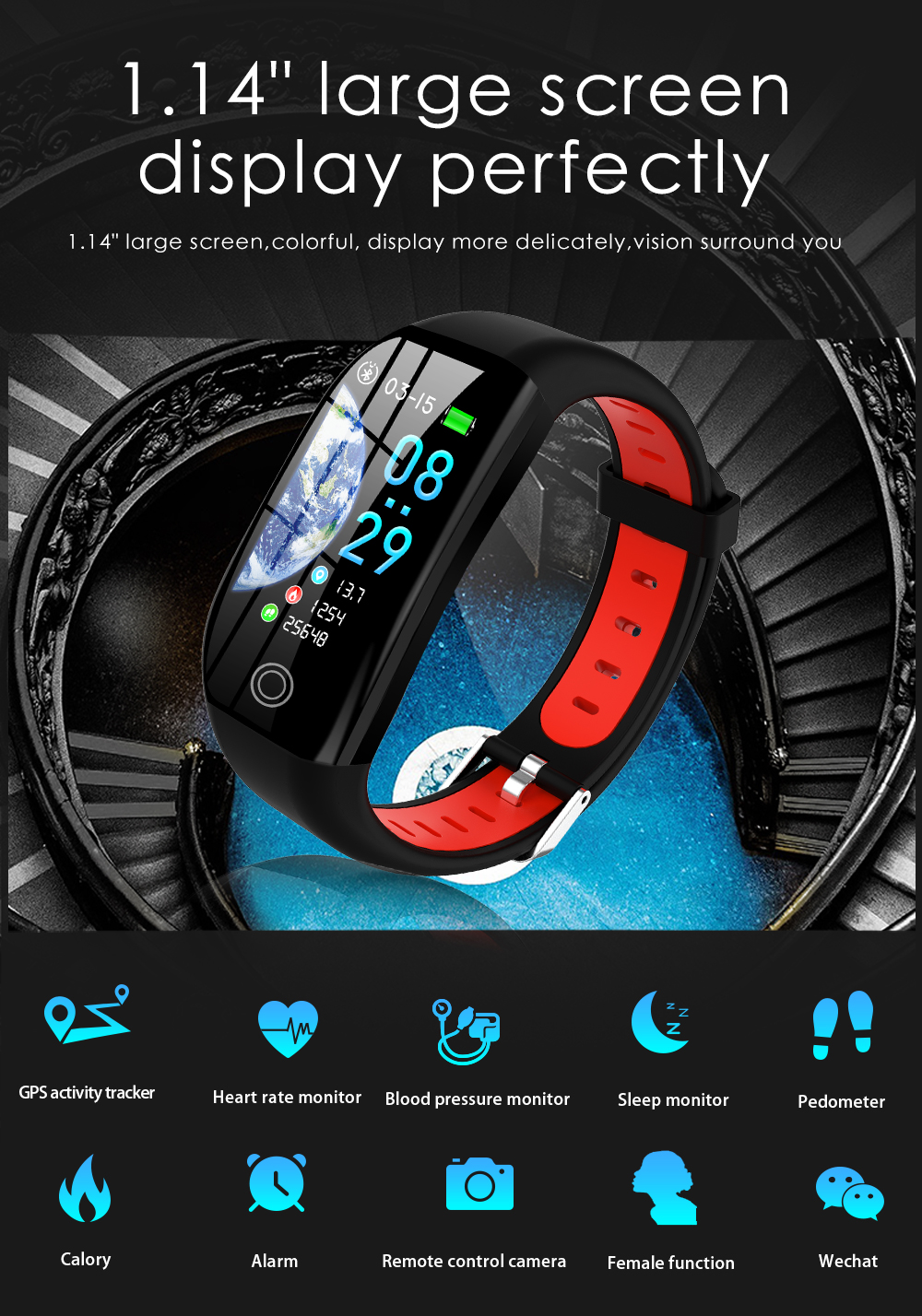 Eine schwarz-rote Smartwatch mit digitaler Anzeige von Datum, Uhrzeit und Symbolen.