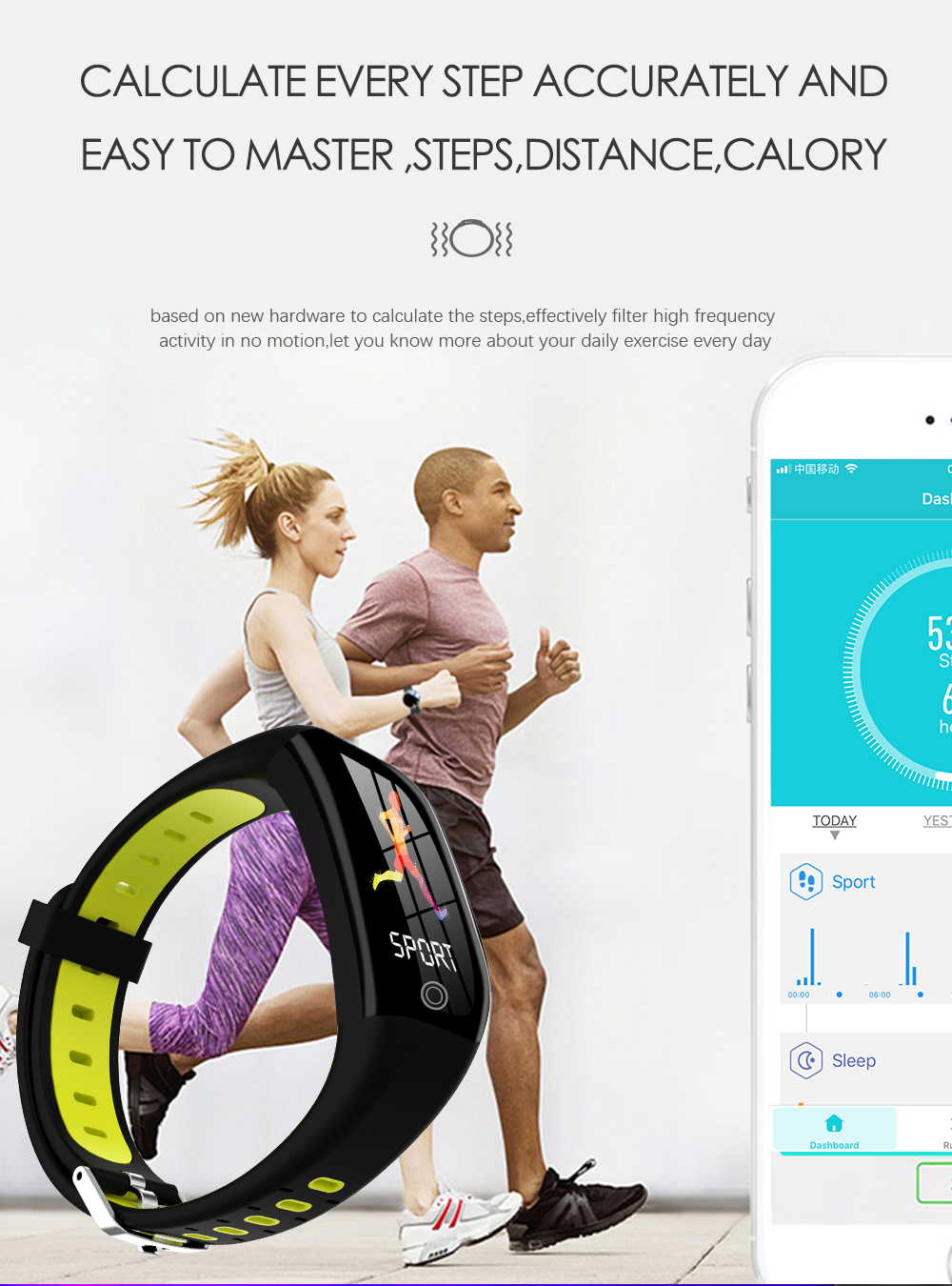 Mann und Frau laufen, Fitness-Tracker im Fokus. Telefon-App zeigt Daten. Text: Schritte, Distanz, Kalorien berechnen.