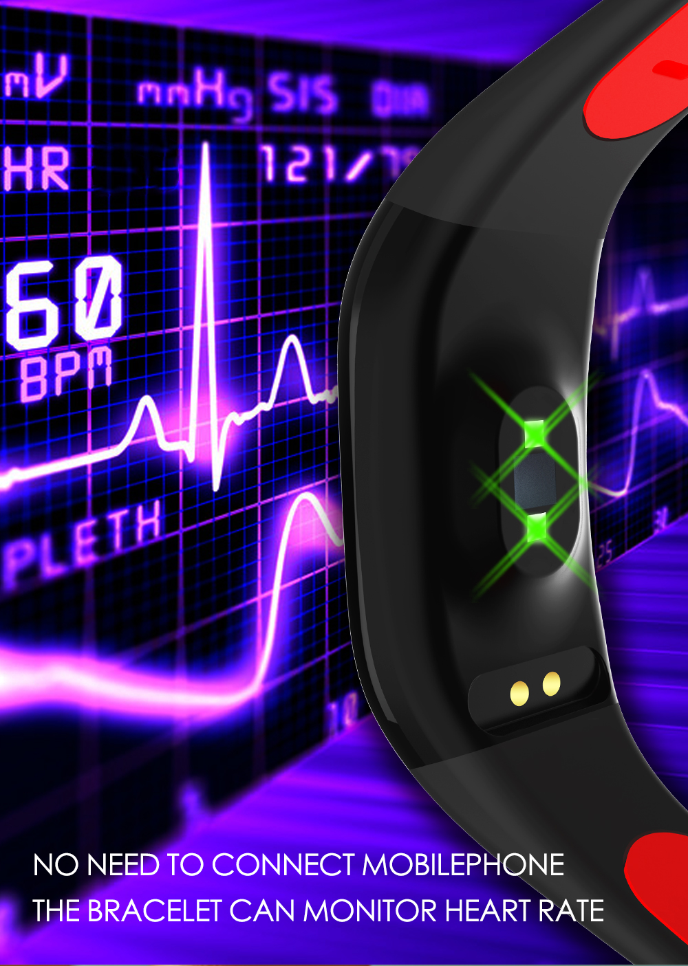 Schwarzer Fitness-Tracker. Zeigt Herzfrequenzdaten an. Rotes und schwarzes Design. Lila Hintergrund mit Wellenformdiagrammen.