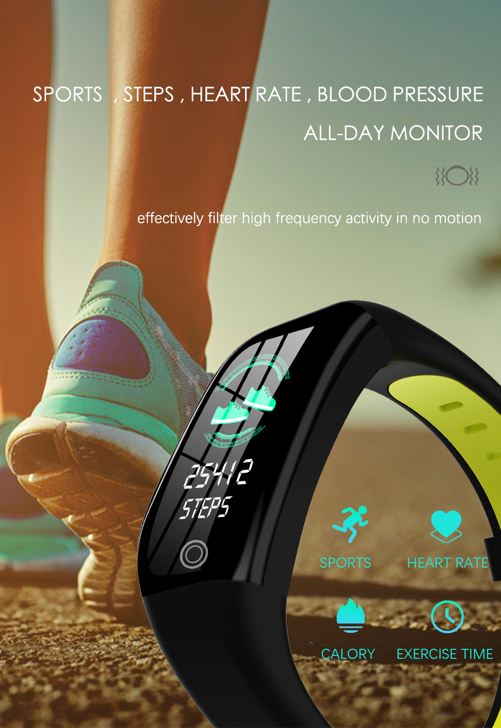 Smartwatch mit Schritten, Herzfrequenz und Trainingszeit, die auf dem Bildschirm angezeigt werden.