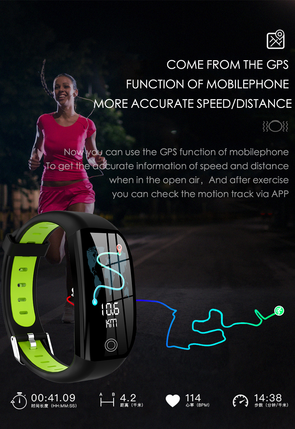 Eine Person, die mit einem Fitness-Tracker läuft, der Geschwindigkeit, Distanz und Herzfrequenz anzeigt.