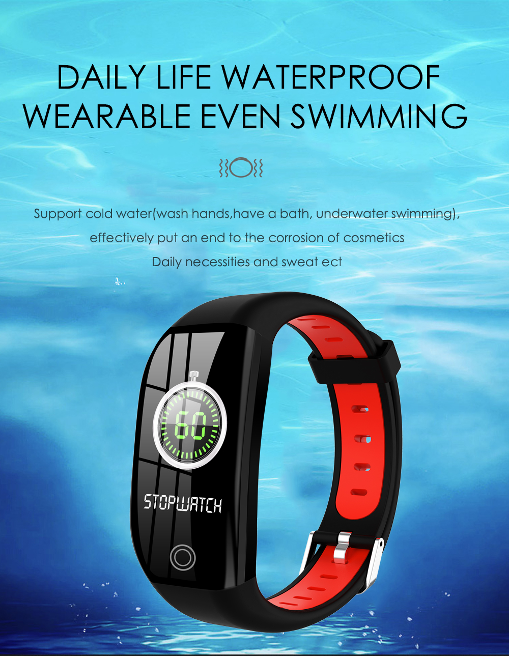 Schwarze Smartwatch mit rotem Armband, zeigt einen Stoppuhr-Timer, vor blauem Hintergrund.
