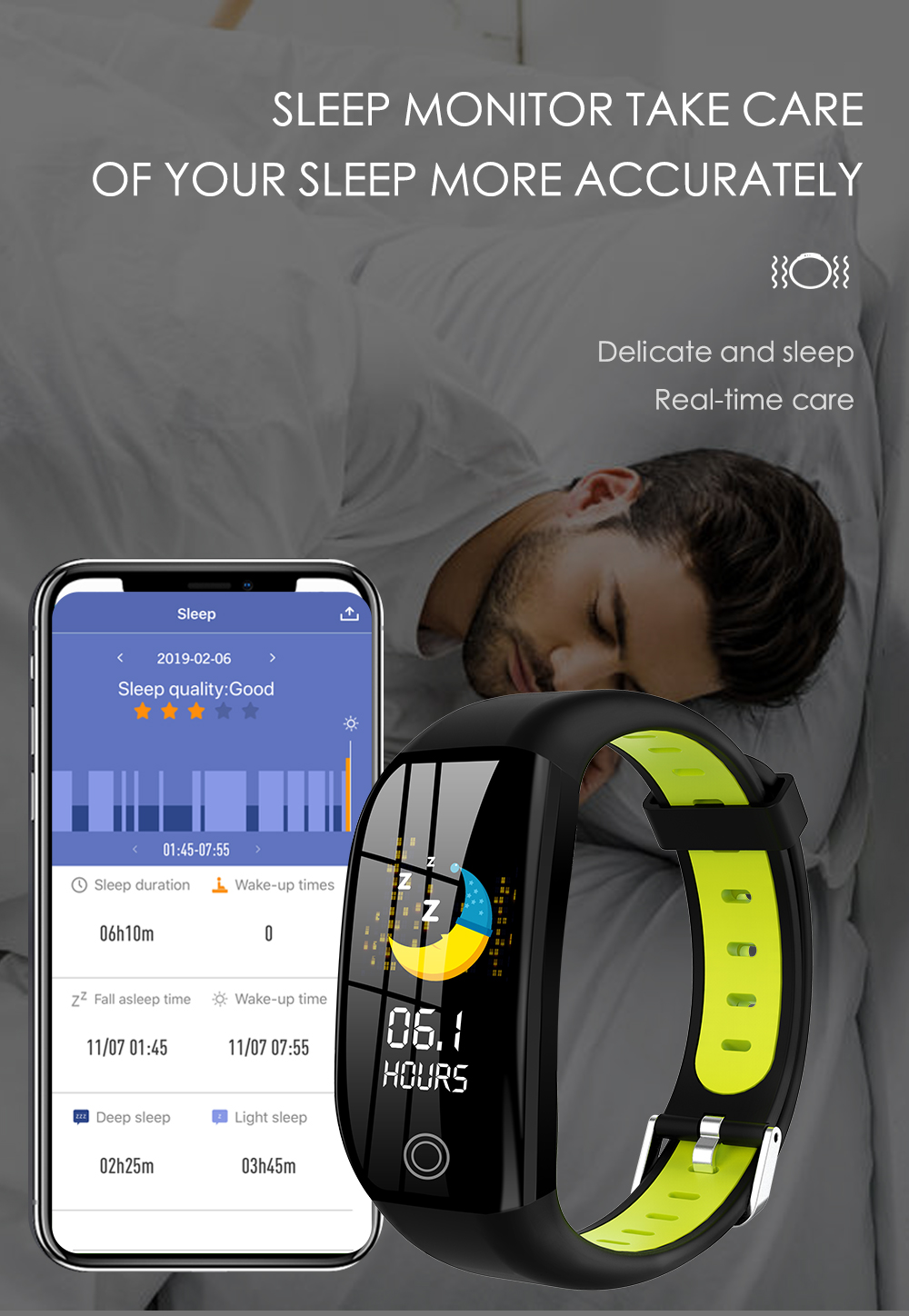 Das Gesicht eines Mannes mit einer Smartwatch. Die Smartwatch zeigt Schlafinformationen, wie Schlafstunden.