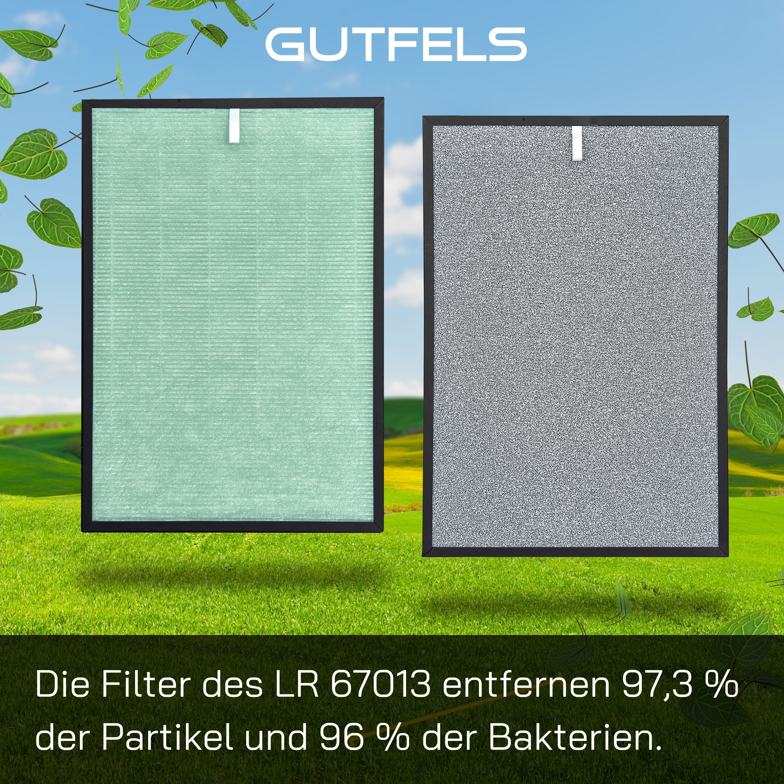 Luftfilter mit deutschem Text zur Filtereffizienz und blauem Himmel im Hintergrund.