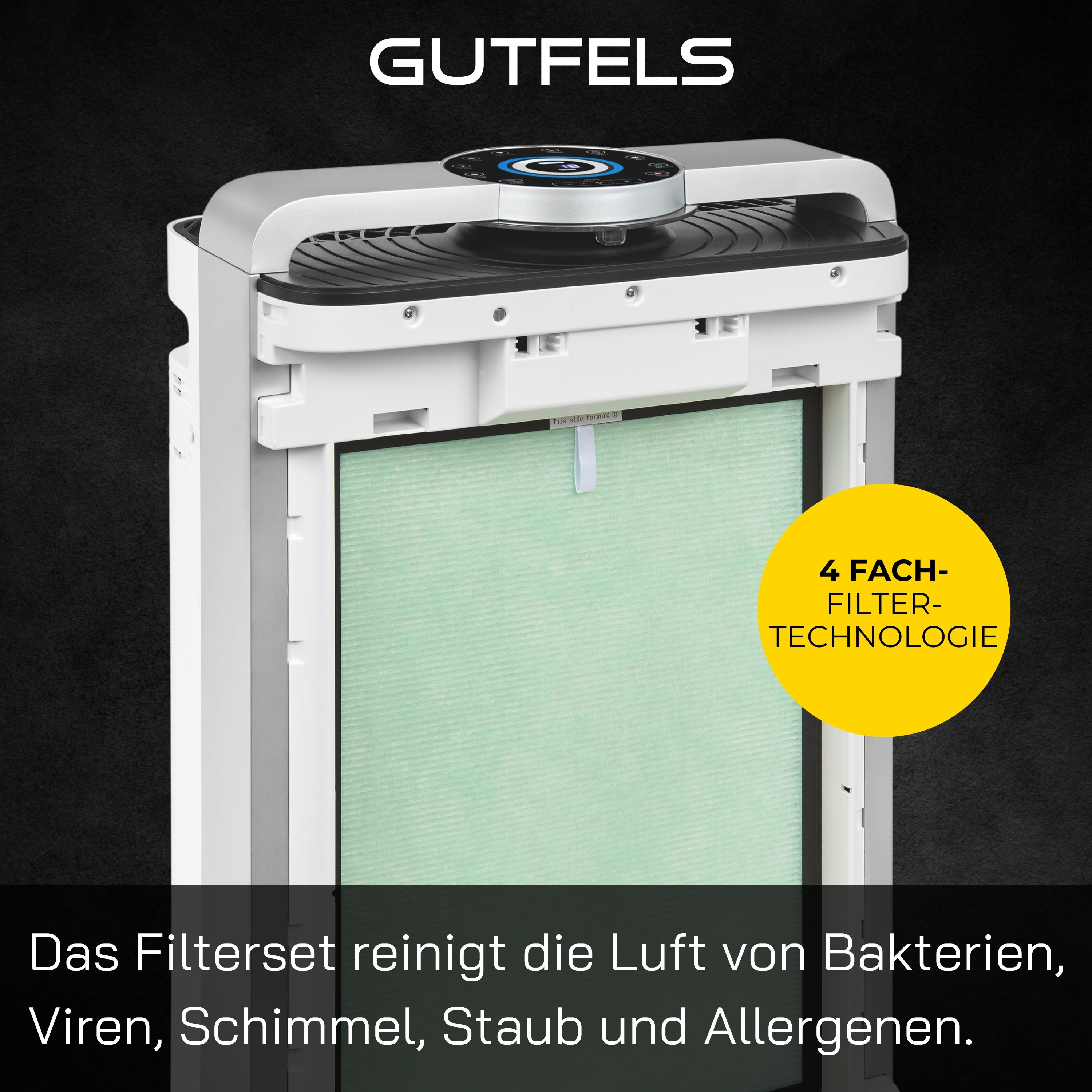 Ein weißer und grauer Luftreiniger mit deutschem Text, der das Filterset zeigt.