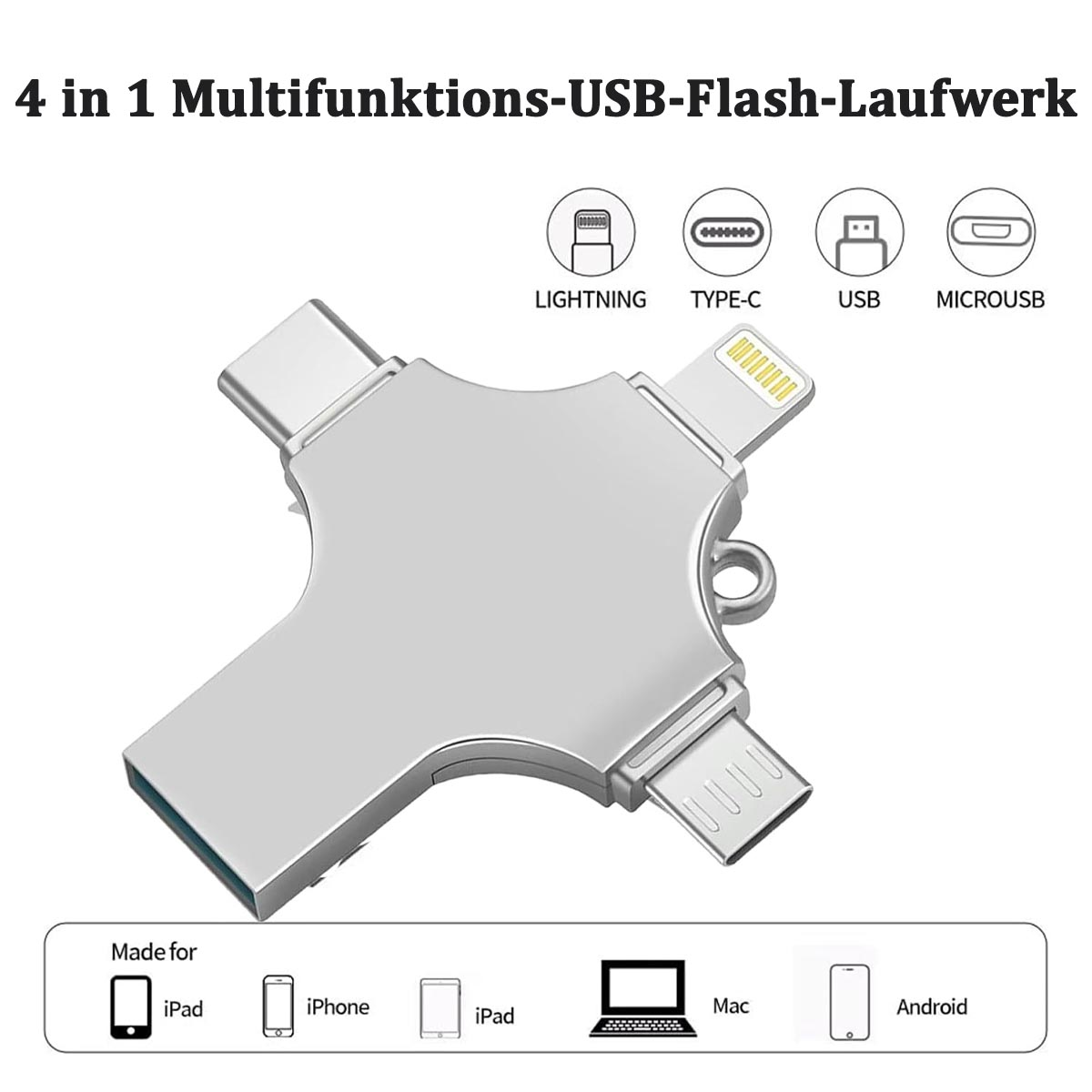 Silberner USB-Stick mit mehreren Anschlusstypen, für verschiedene Geräte.