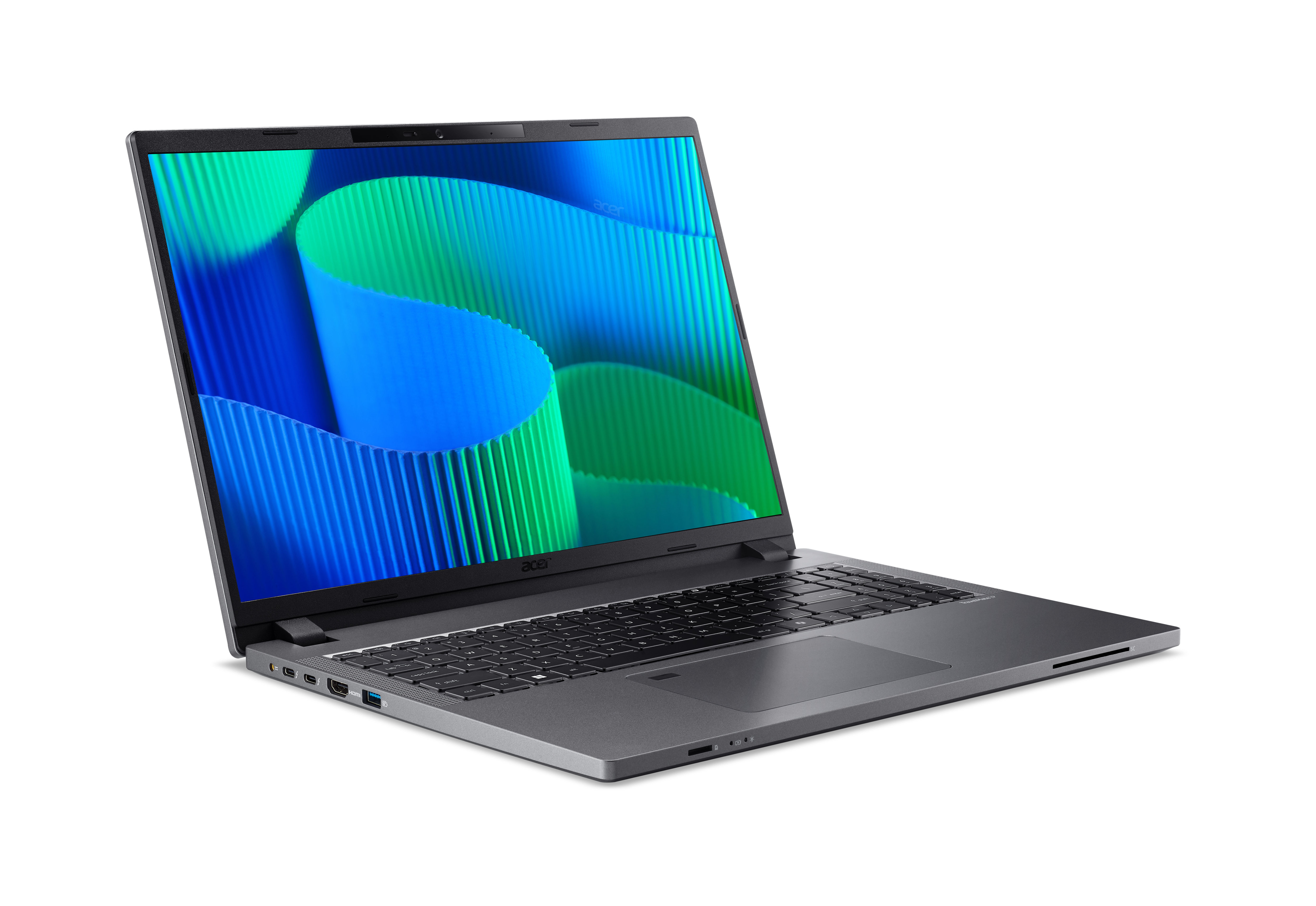 Silberner Laptop auf weißem Hintergrund, geöffnet, zeigt ein blau-grünes abstraktes Design auf dem Bildschirm.