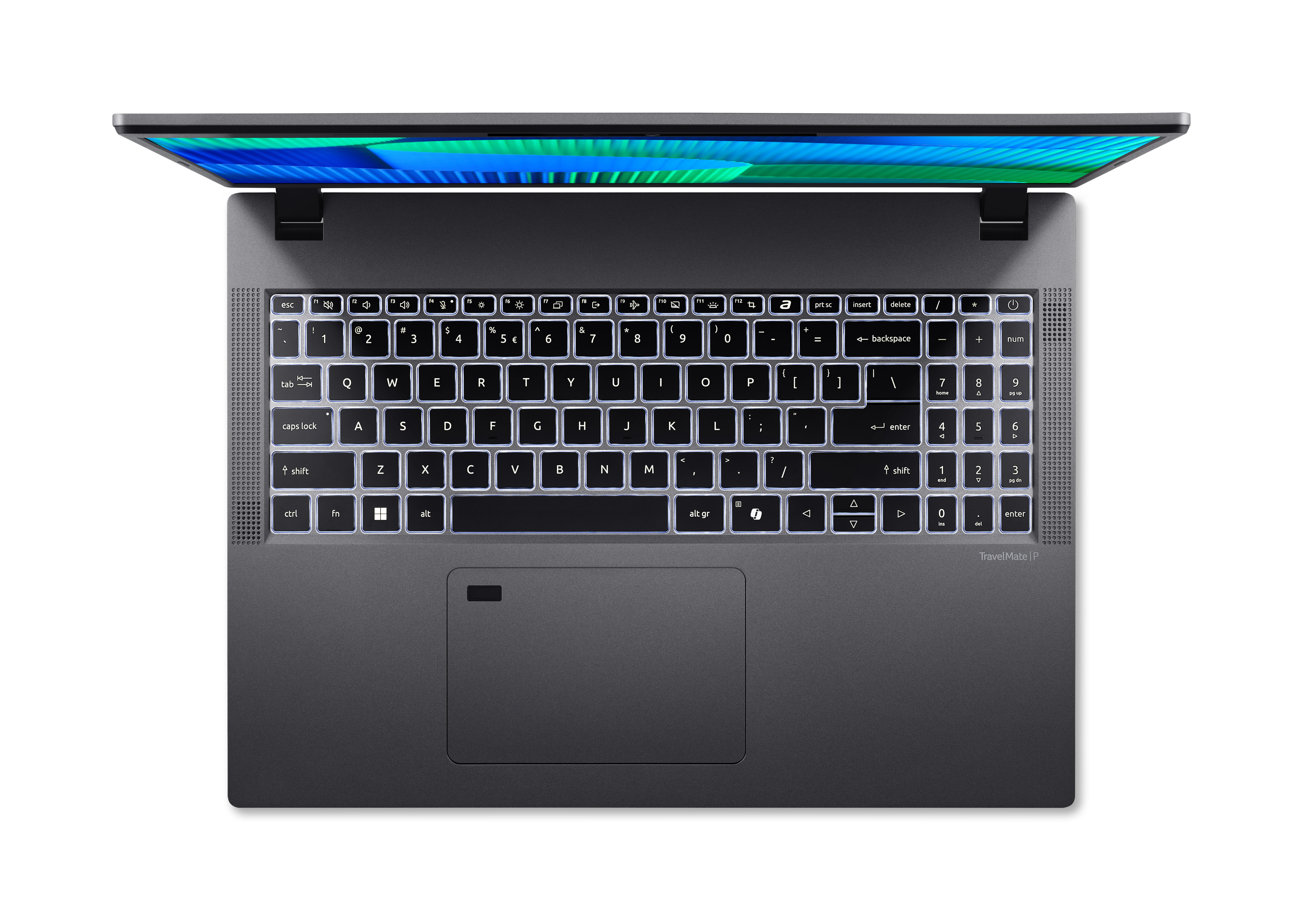 Draufsicht auf einen Laptop mit beleuchteter Tastatur, geöffnetem Bildschirm und Tastaturlayout.