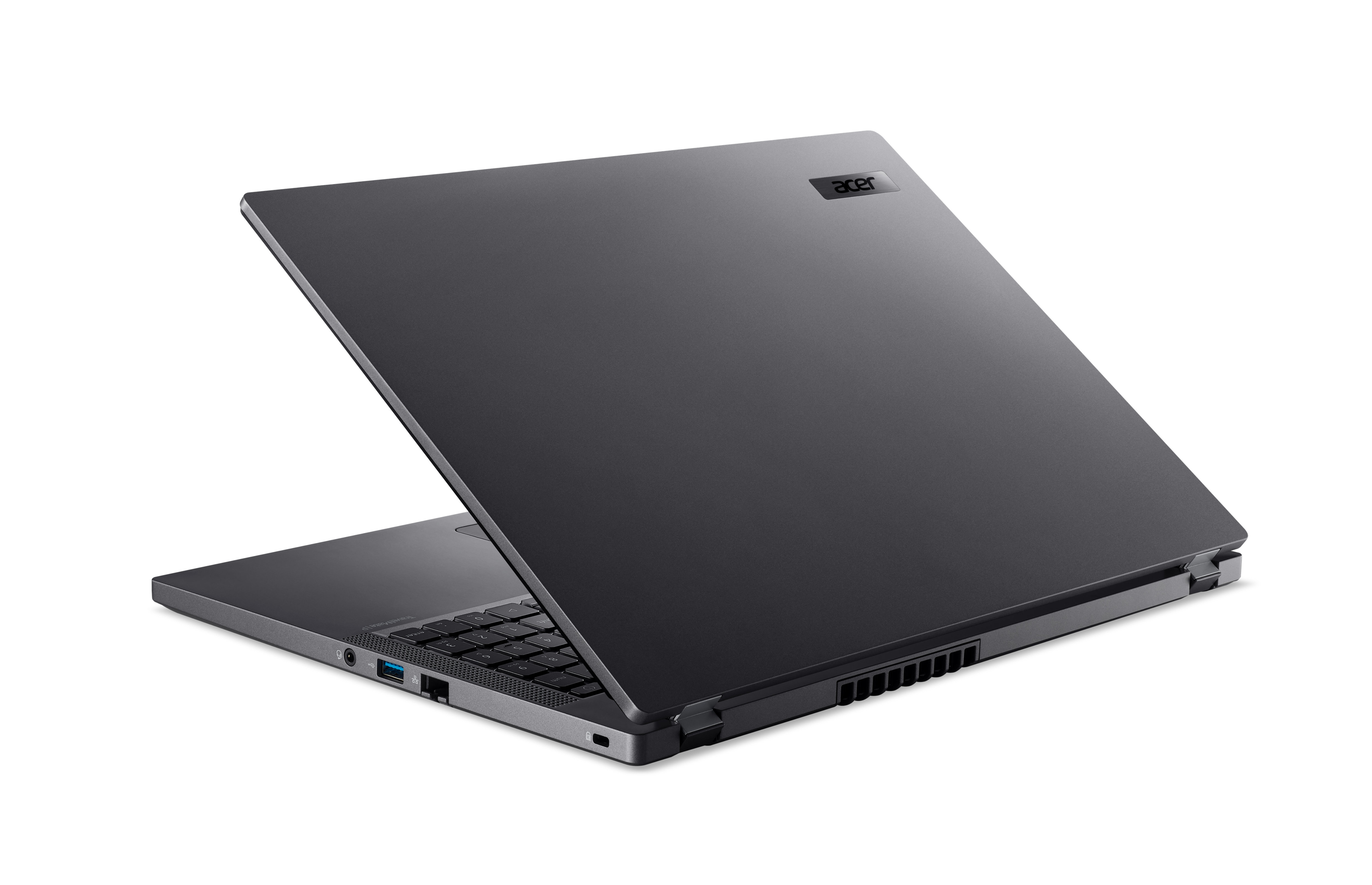 Ein dunkelgrauer Laptop, leicht geöffnet, mit Tastatur und dem Acer-Logo auf dem Deckel.