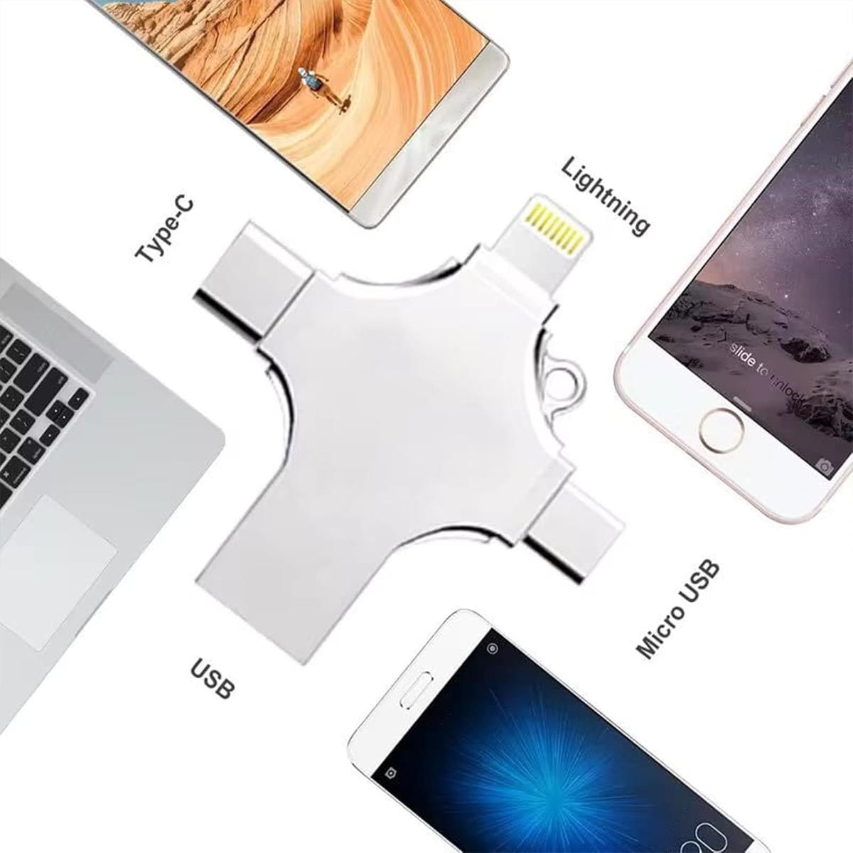 Multi-Anschluss-USB-Adapter mit verschiedenen angeschlossenen Geräten. Weißer Hintergrund.