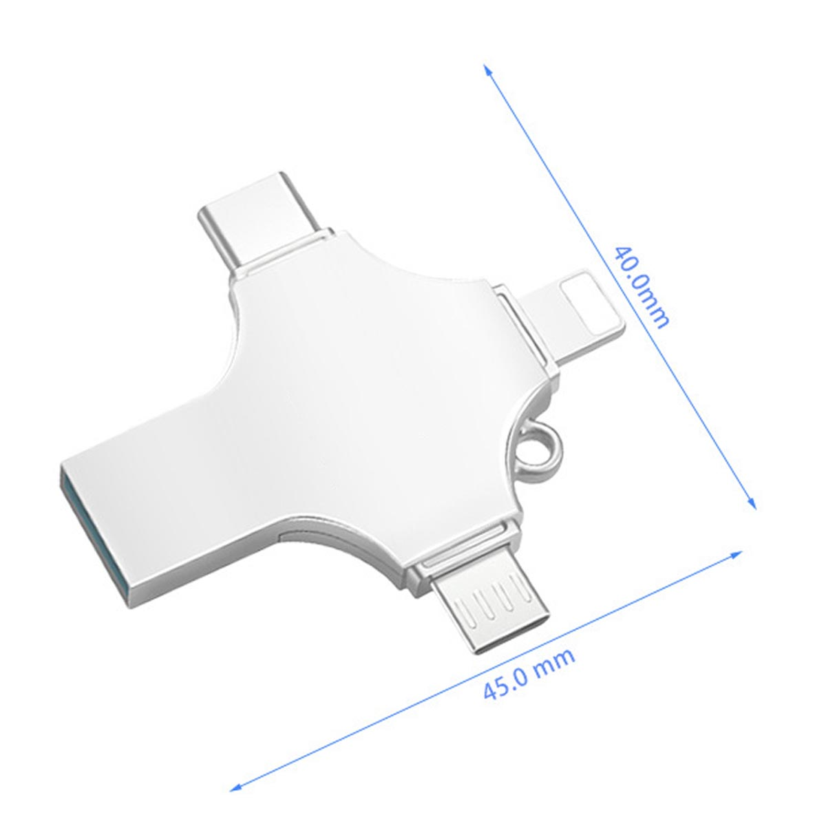 Ein silberner USB-Adapter mit mehreren Anschlüssen und Messungen.