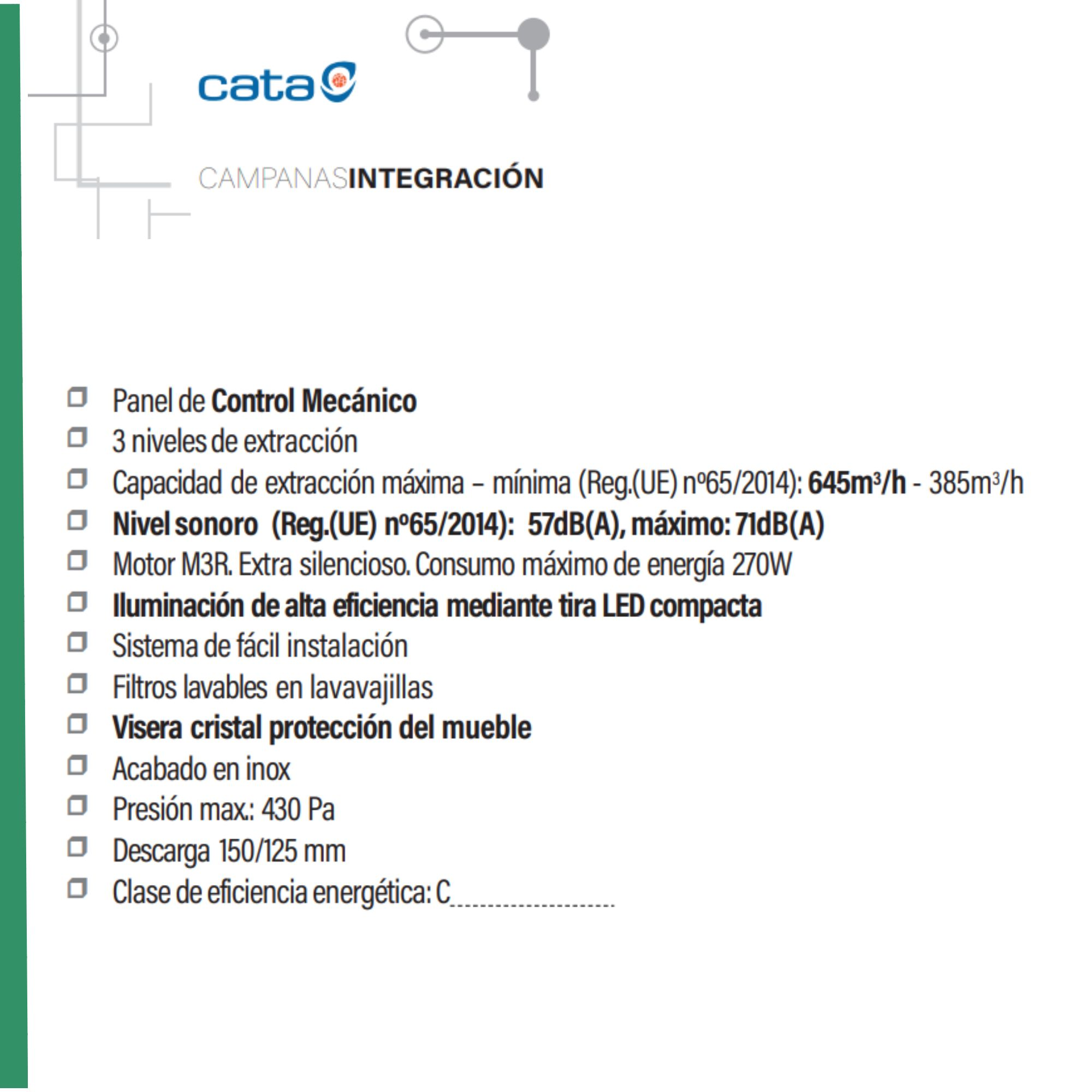 Hoja de información del producto con texto y viñetas que describen las características.