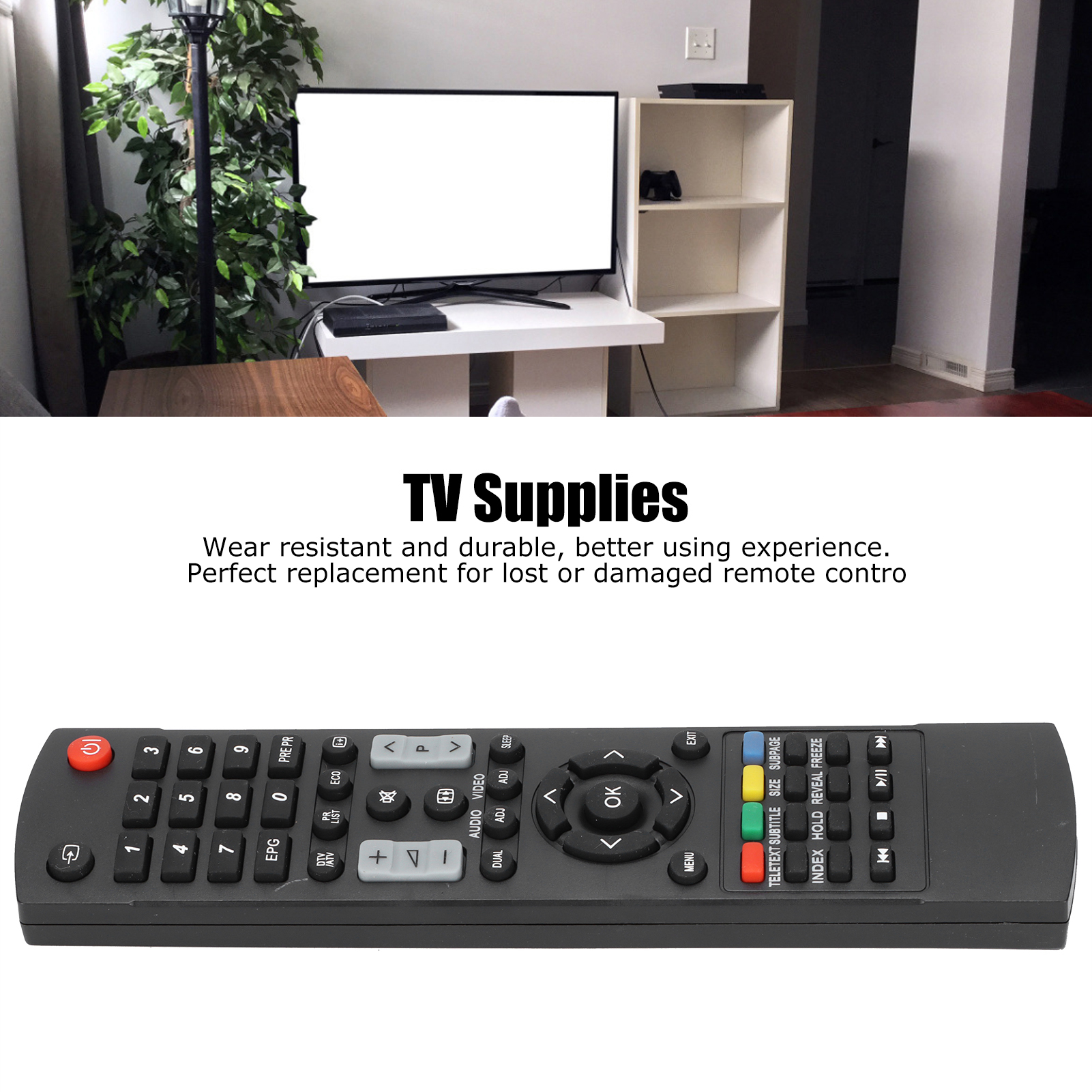 Eine TV-Fernbedienung mit verschiedenen Tasten, vor einem Fernseher und einer weißen Wand platziert.