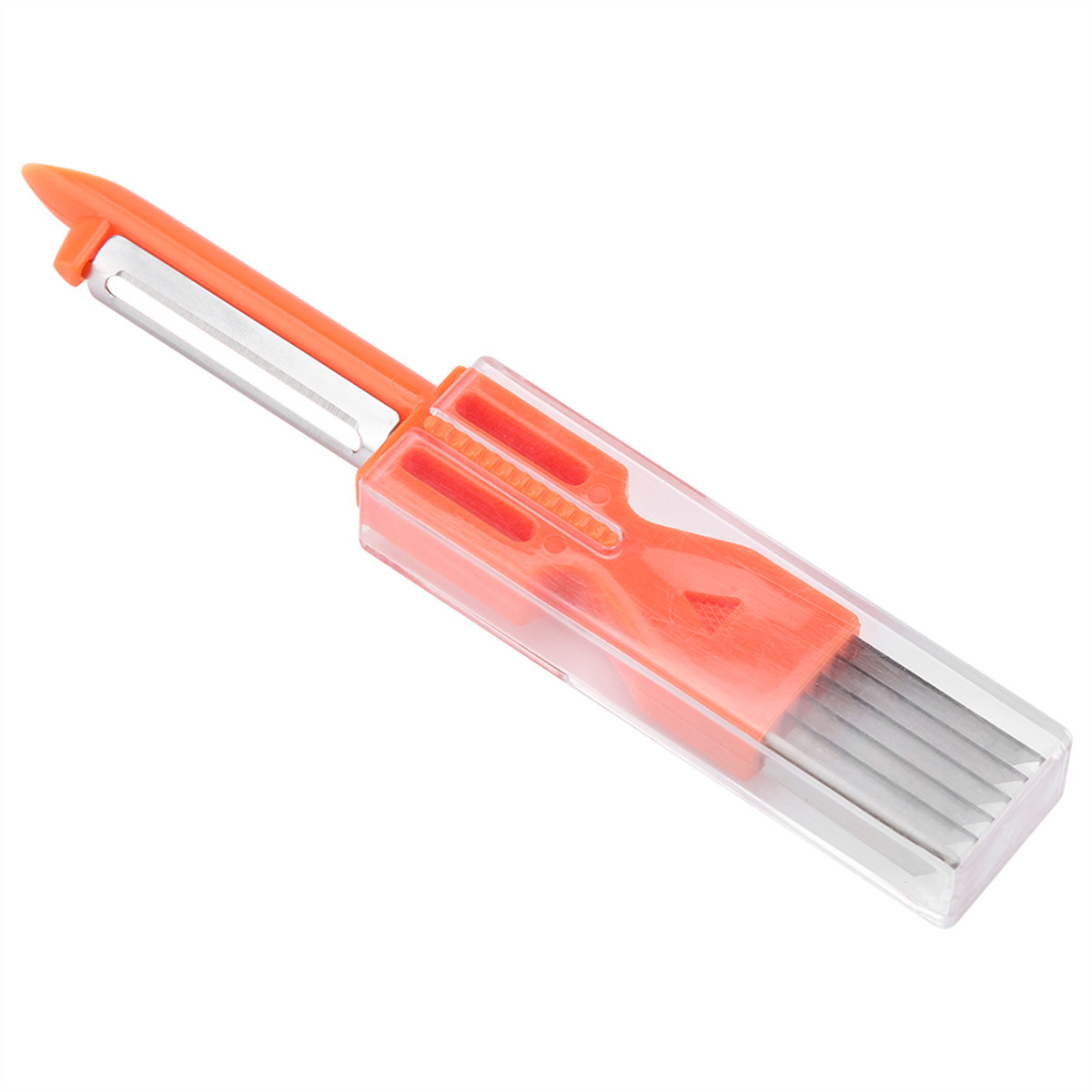 Orangener und durchsichtiger Kunststoff-Gemüseschäler mit zusätzlichen Klingen. Es ist auf weißem Hintergrund. Der Schäler ist orange.