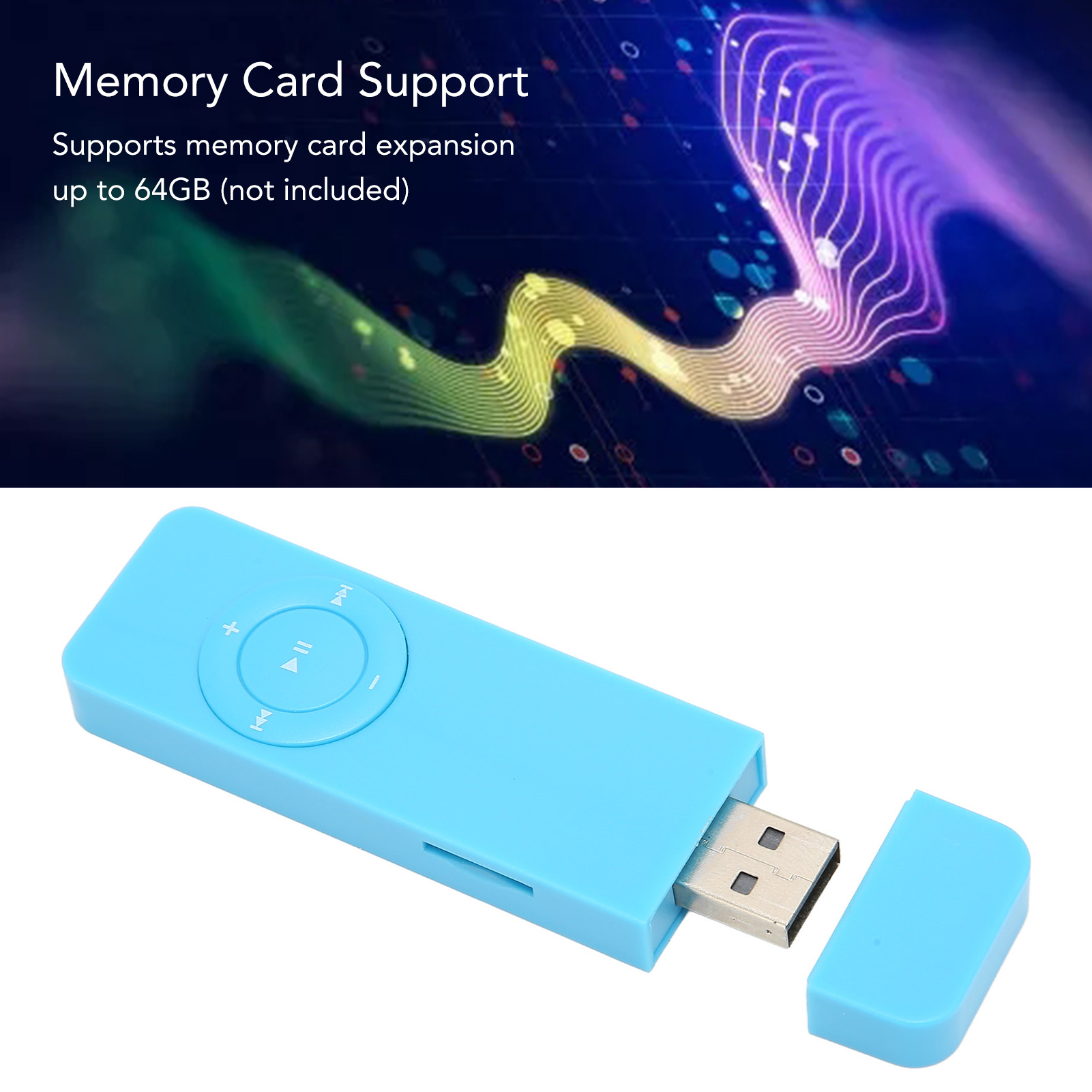 Ein blauer MP3-Player mit USB-Anschluss und separater Kappe ist sichtbar.
