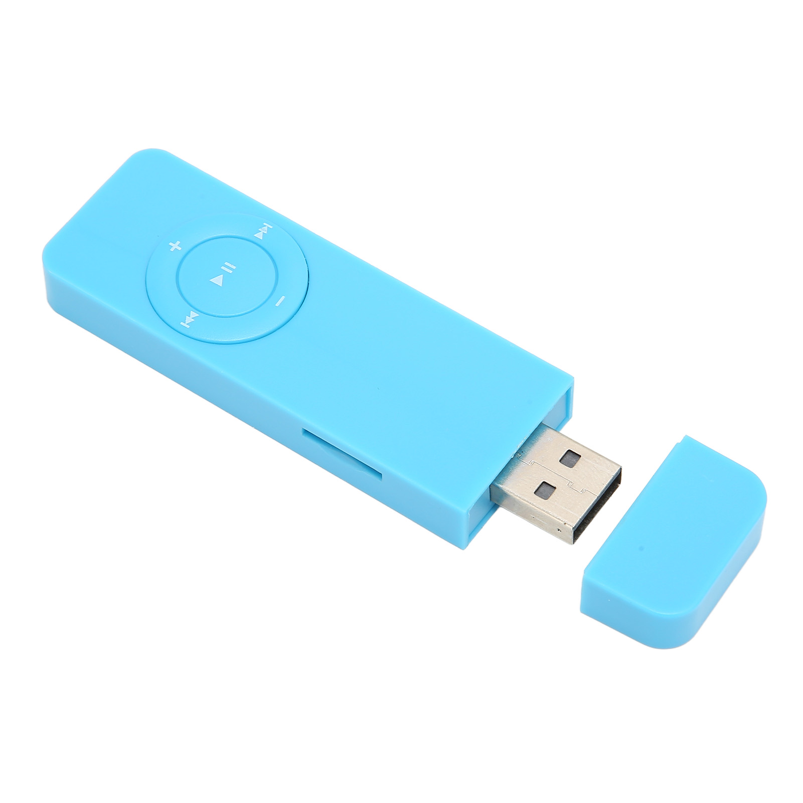 Ein hellblaues USB-Flash-Laufwerk mit Kappe, das einen USB-Anschluss zeigt.