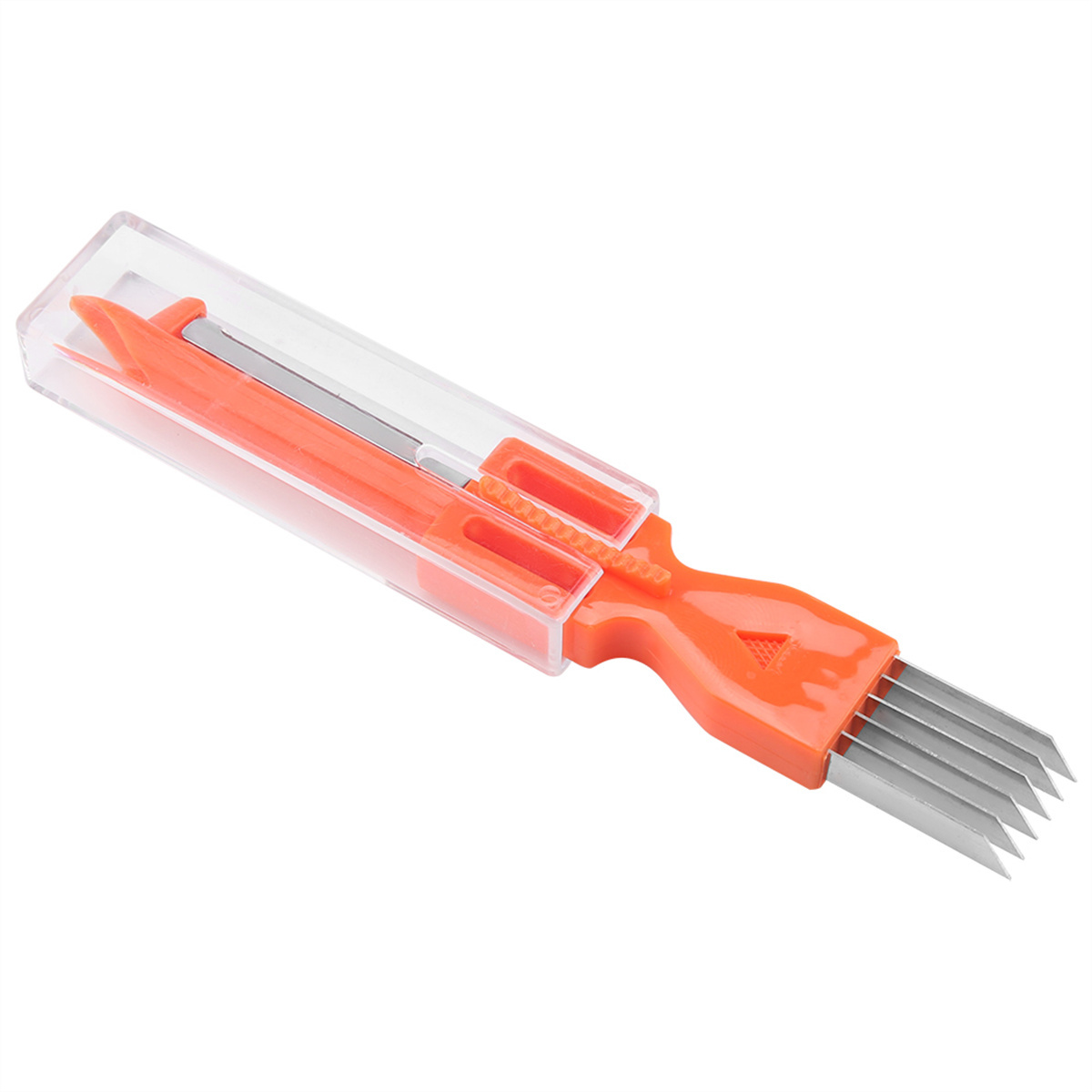 Oranger und klarer Plastik-Lauchschneider mit Klingen in einem transparenten Gehäuse.