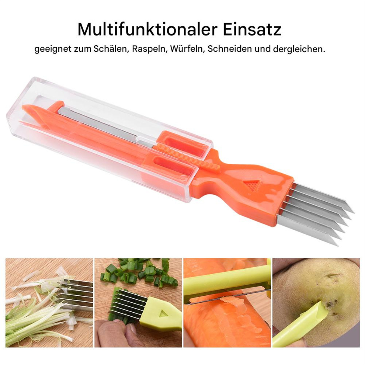 Orangener Gemüseschneider mit mehreren Klingen und Gemüse drumherum.
