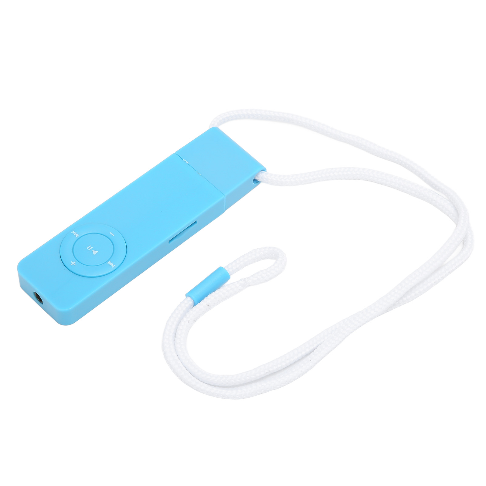 Ein blauer MP3-Player mit einem weißen Umhängeband. Er hat Tasten für Lautstärke und Titelsteuerung.