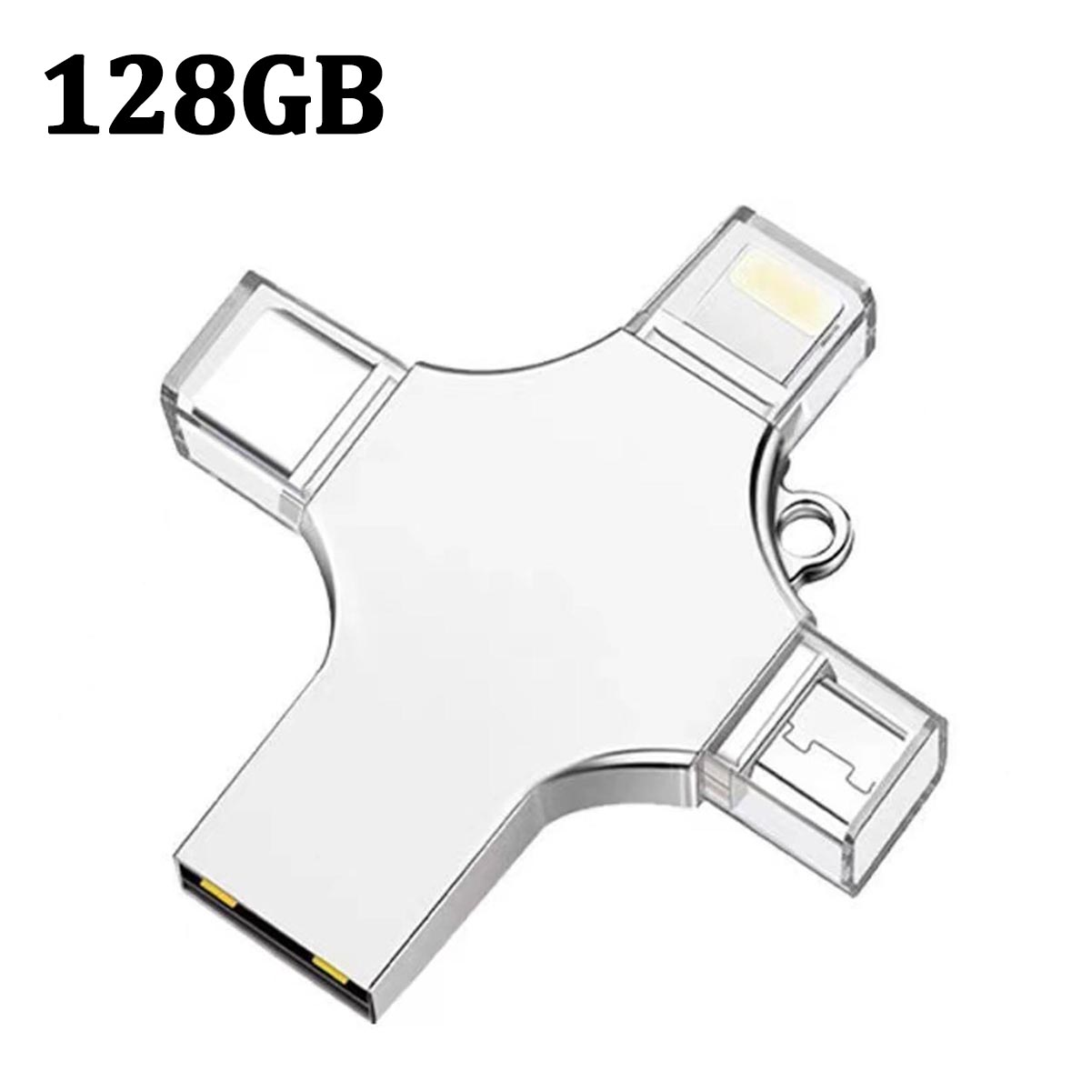 Ein silberner USB-Stick mit kreuzförmigem Design und mehreren Anschlüssen auf weißem Hintergrund.
