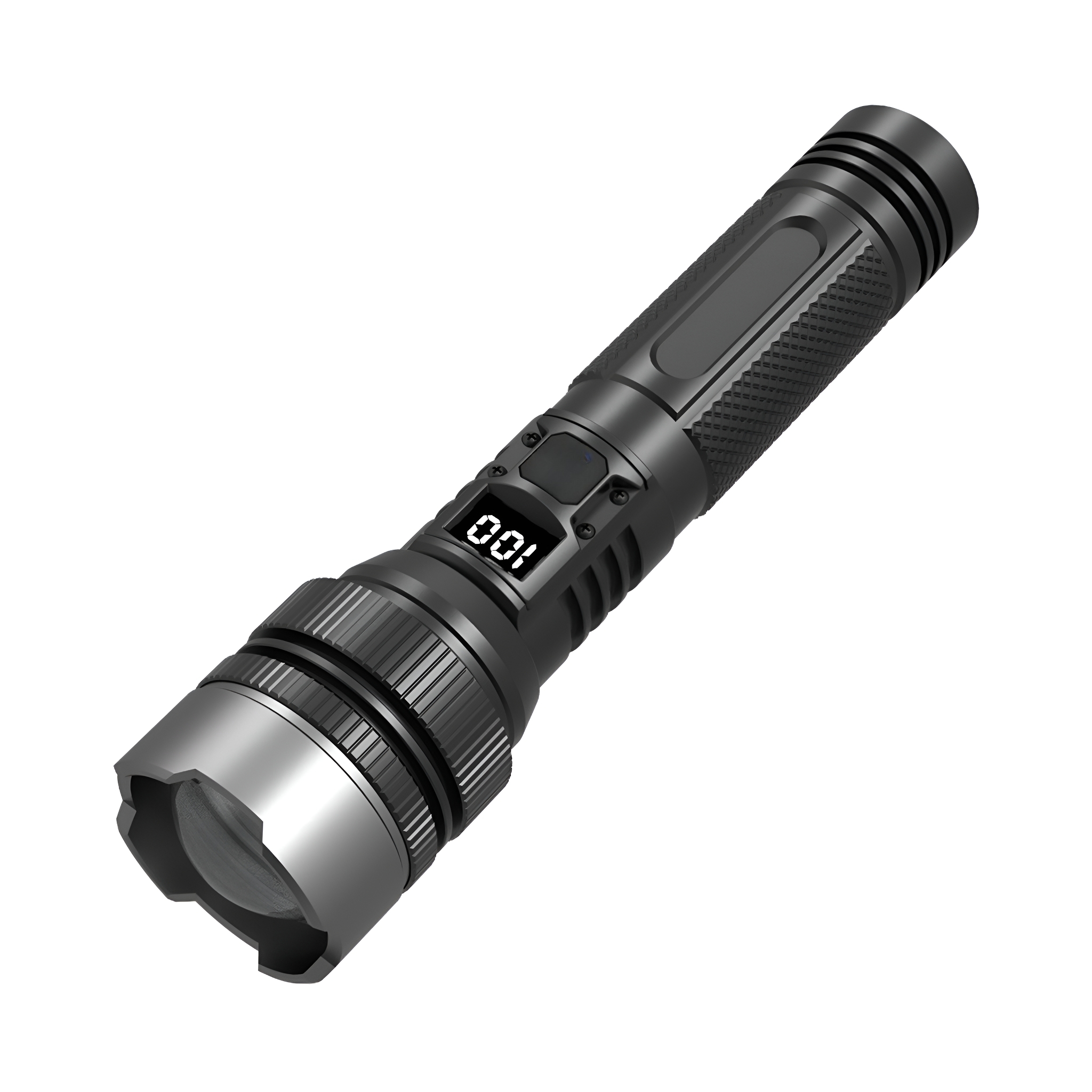 Eine schwarze Taschenlampe mit LED-Anzeige und silberner Blende. Auf weißem Hintergrund.