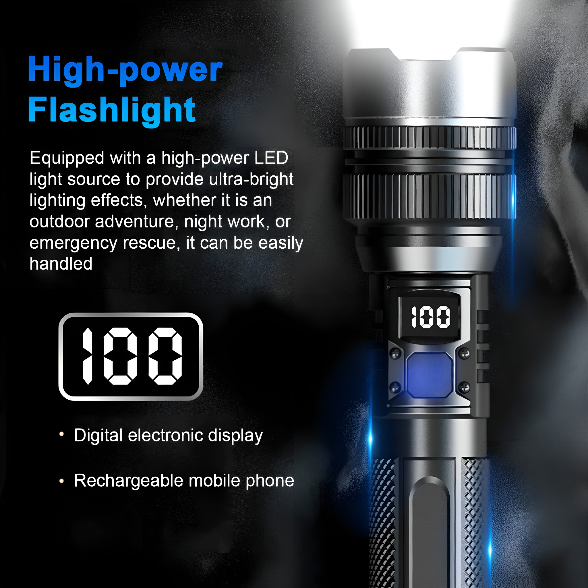 Hochleistungs-Taschenlampe mit Digitalanzeige 100 und wiederaufladbar.