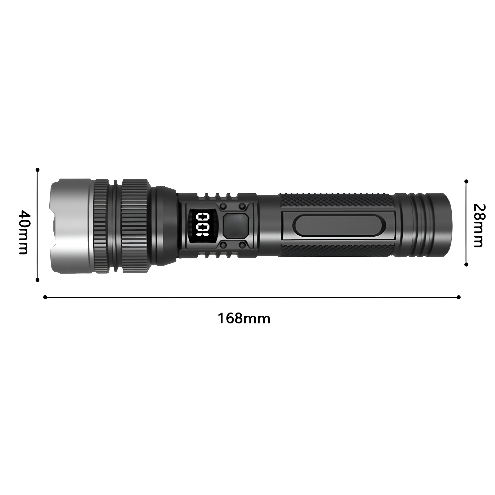 Schwarze Taschenlampe mit angezeigten Abmessungen, einschließlich 40 mm Kopf und 168 mm Länge.