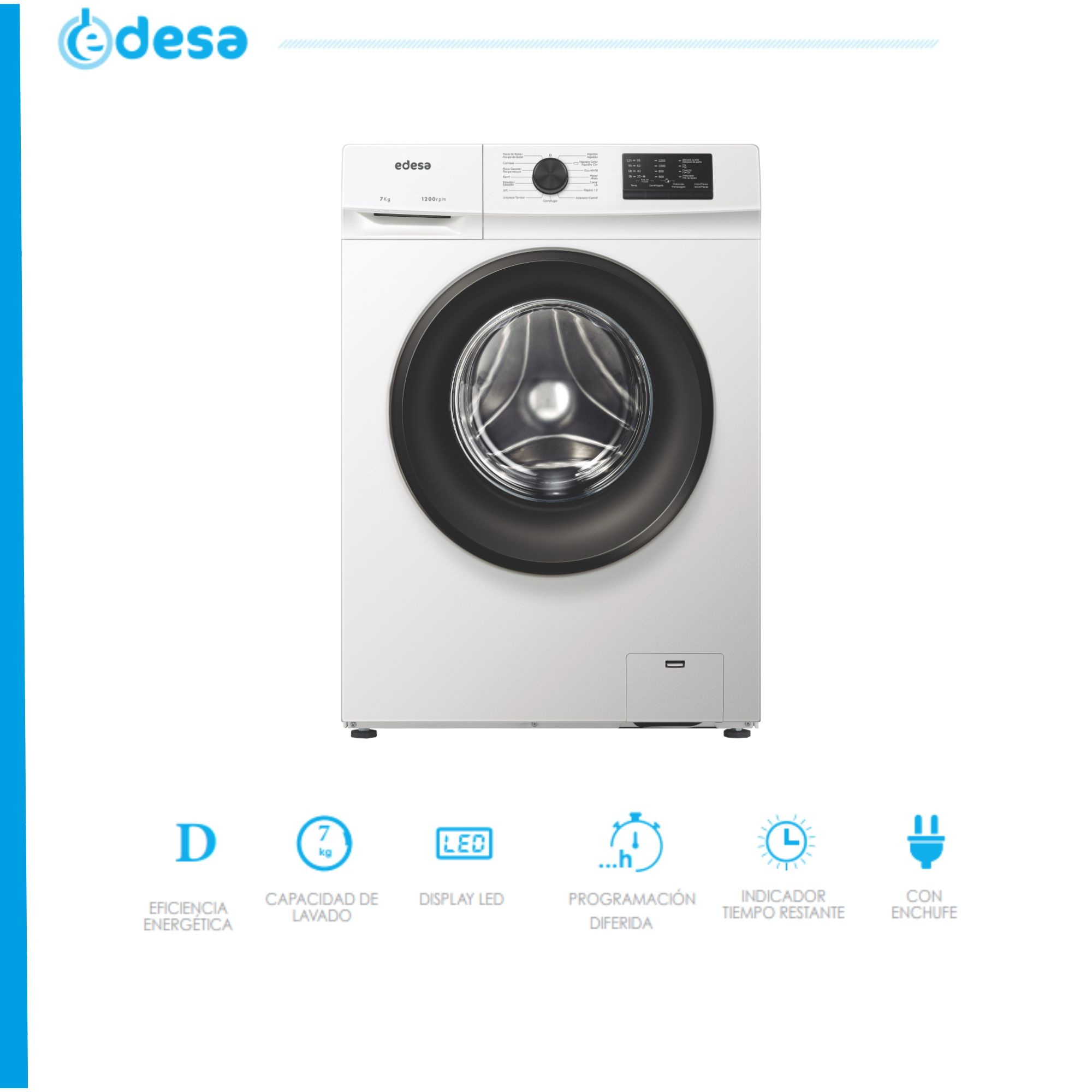 Lavadora blanca. La máquina tiene una puerta negra y un panel de control. Los iconos se muestran debajo.