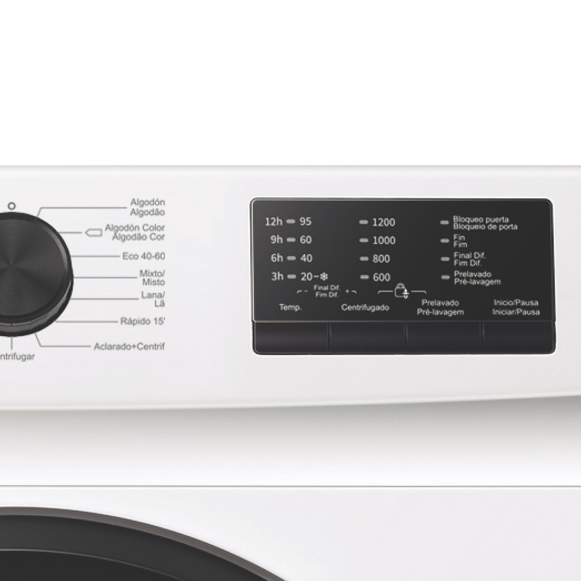 Panel de control de lavadora con dial y botones. Se muestran varios ajustes de lavado.