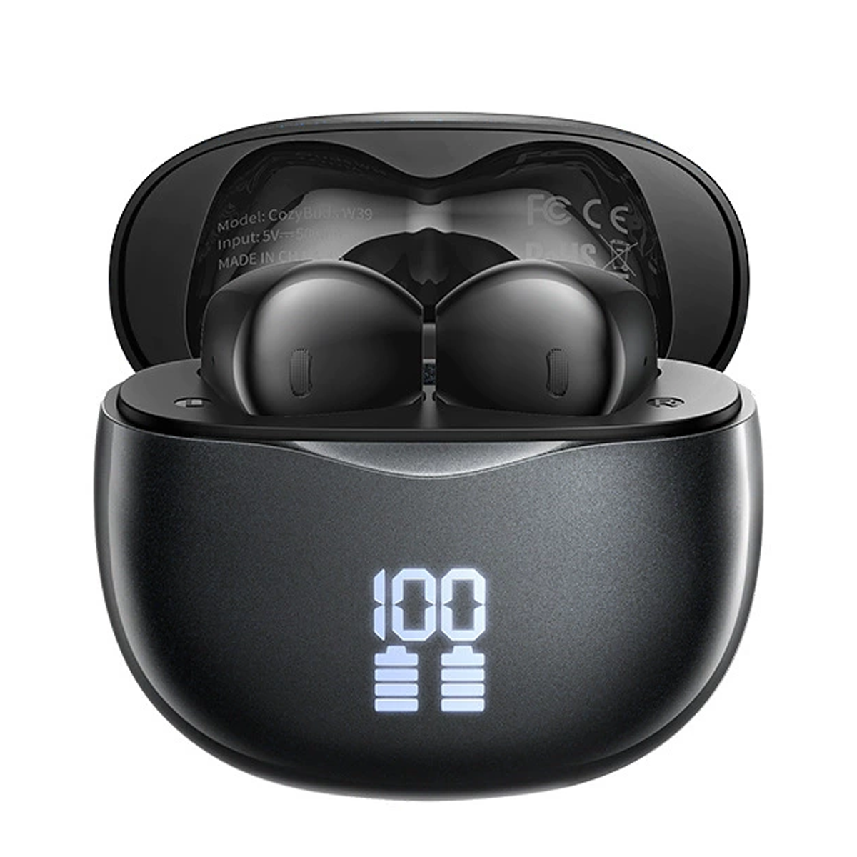 Schwarze kabellose Ohrhörer im Ladecase. Das Case zeigt einen Batteriestand von 100% an.