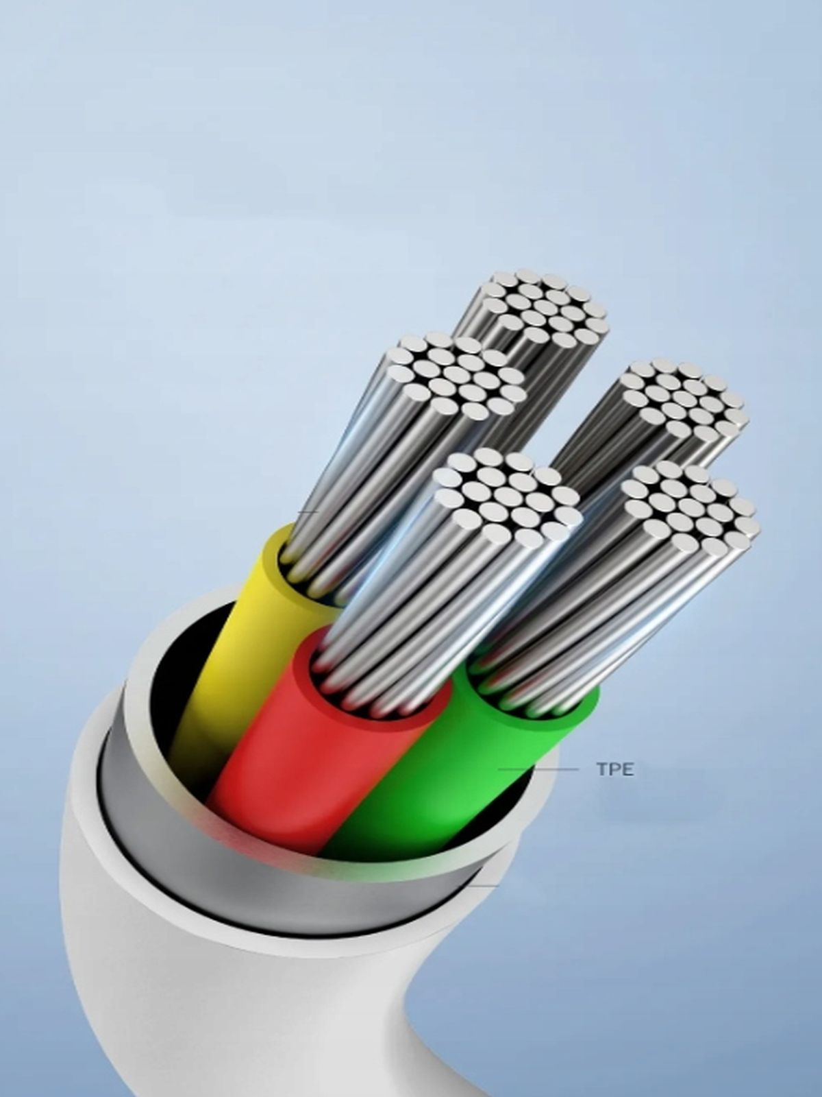 Przekrój kabla, pokazujący wiele przewodów w różnych kolorach.