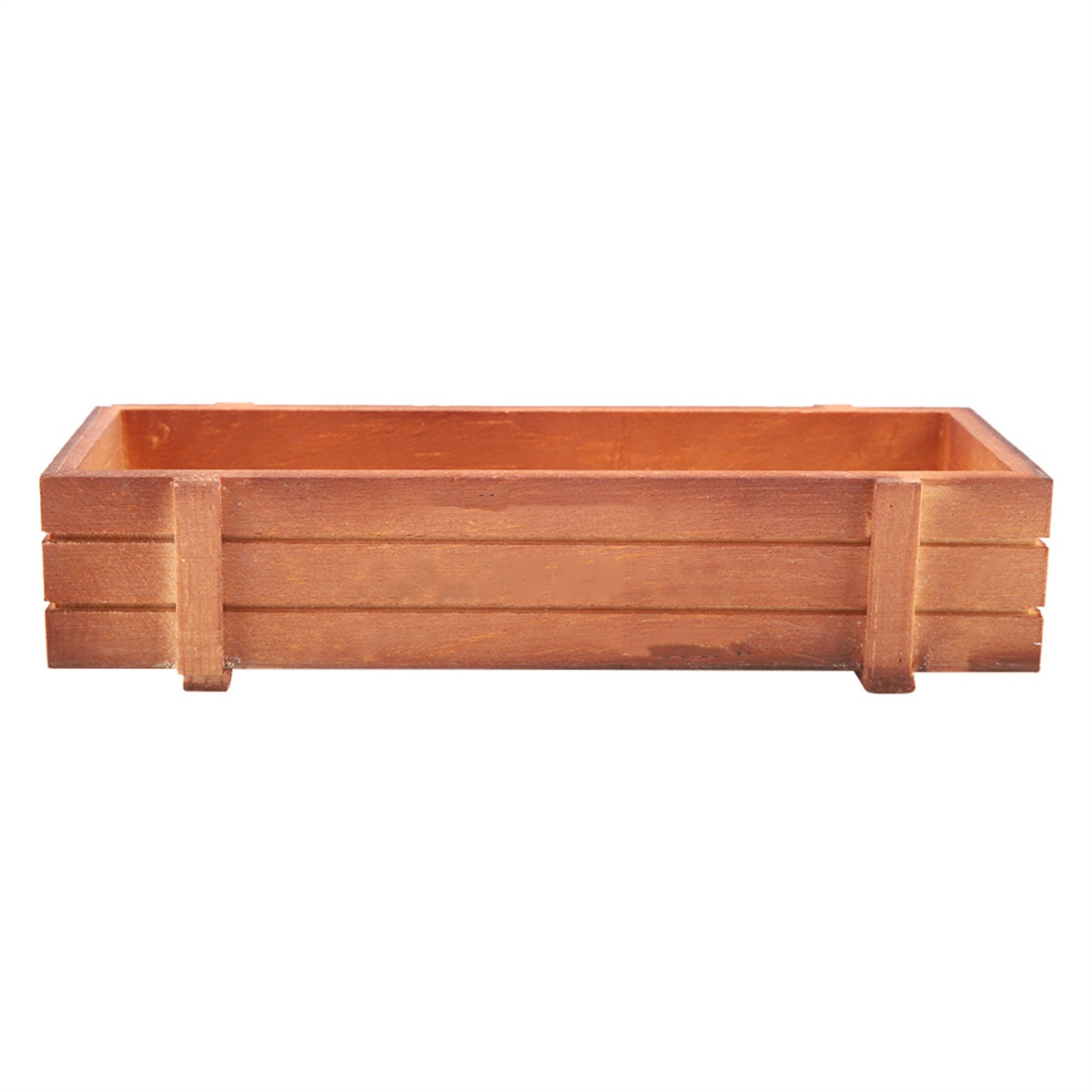 Eine braune rechteckige Pflanzkiste aus Holz, leer, auf weißem Hintergrund.