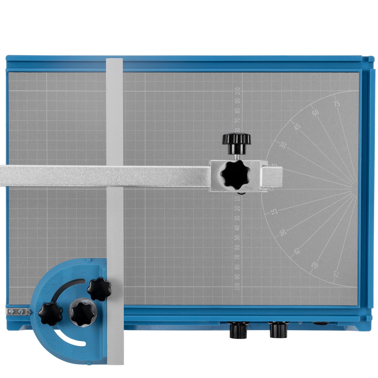 Blau-graue Schneidematte mit Linealen und Winkelmessungen.