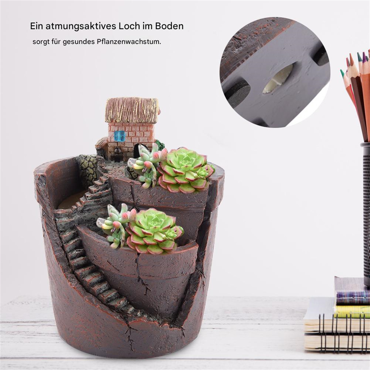 Ein dekorativer Blumentopf mit Sukkulenten. Es hat ein kleines Haus und Treppen. Eine Nahaufnahme des Abzugslochs wird gezeigt.