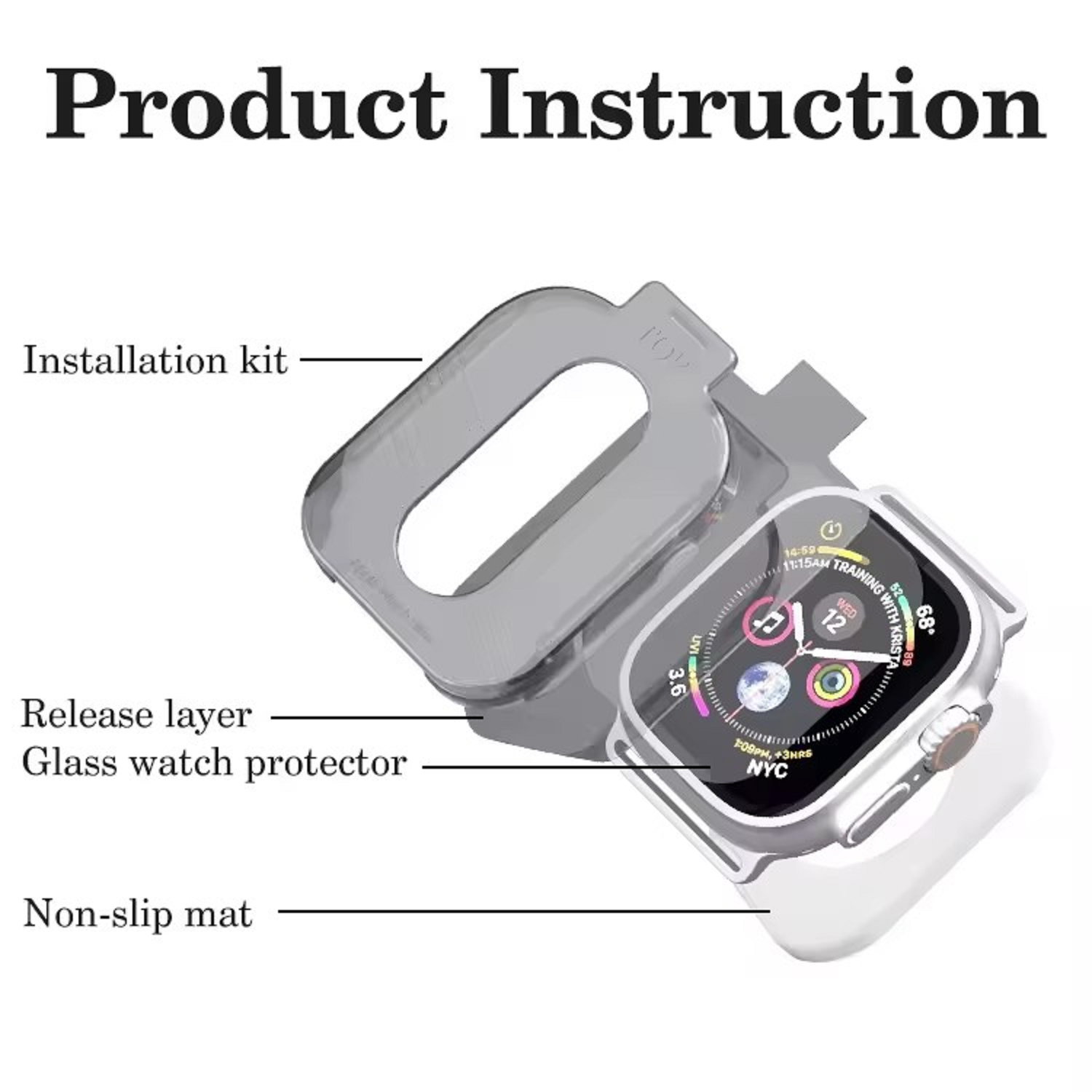 Produktanleitung: Smartwatch mit Schutzfolie, Glasschutz und Anti-Rutsch-Matte.