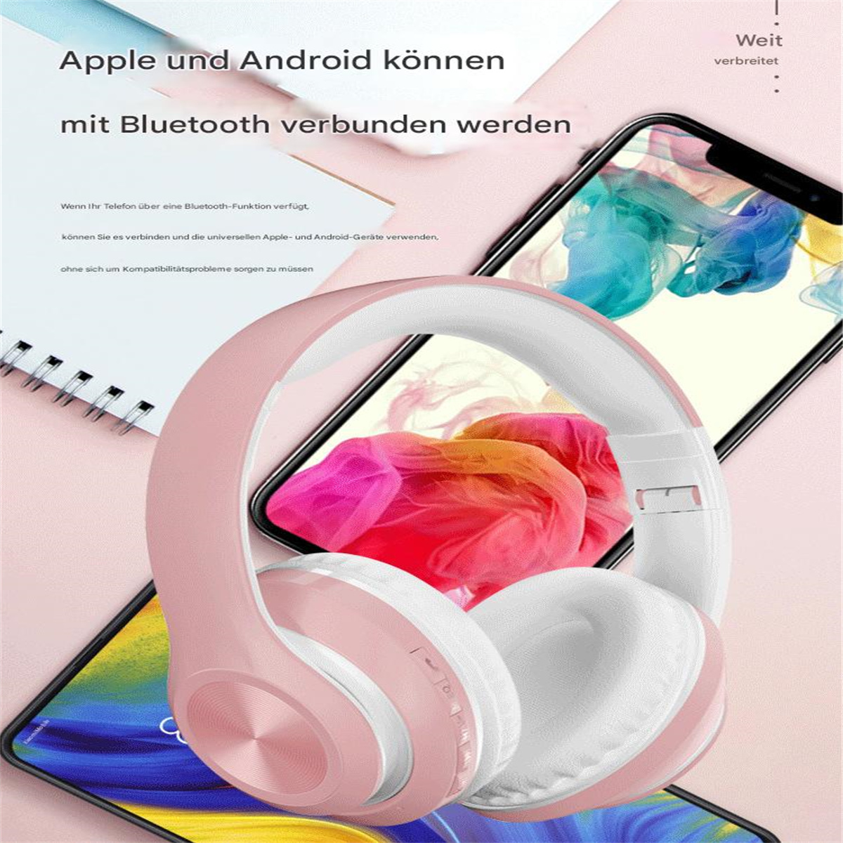 Rosa und weiße Kopfhörer auf einem Tisch mit zwei Handys. Text auf Deutsch. Abstrakter, bunter Hintergrund.
