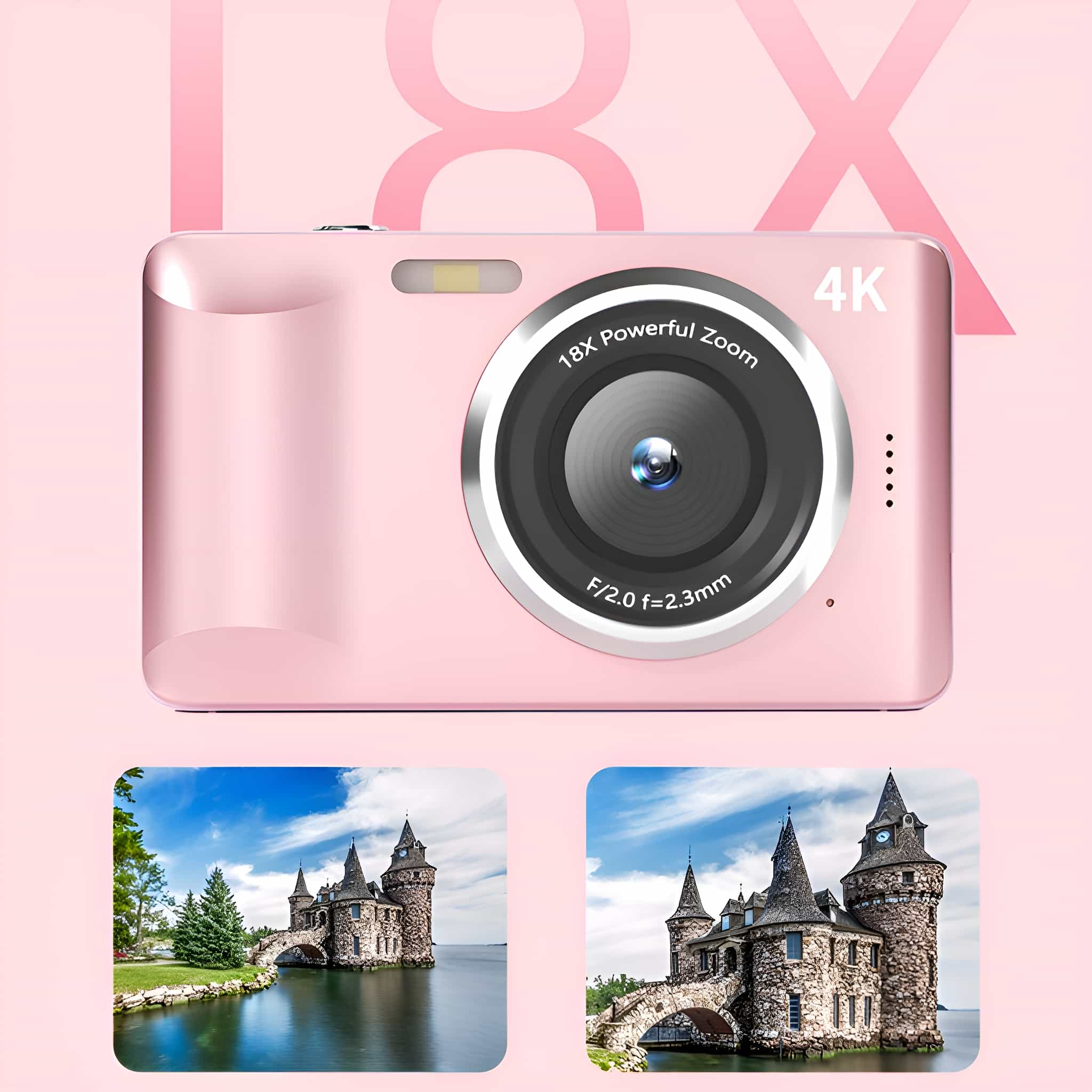 Rosa Digitalkamera mit Schlossbild unten.