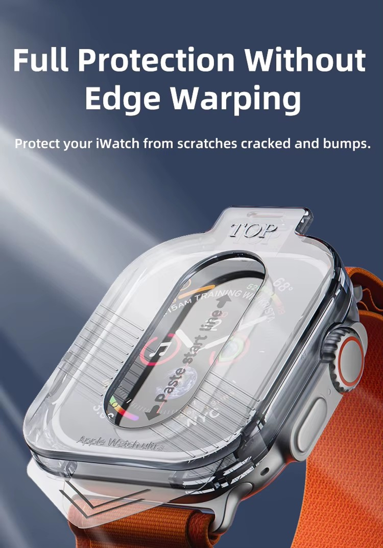 Transparente Apple Watch Hülle am Handgelenk. Oranges Armband. Zeigt das Ziffernblatt.
