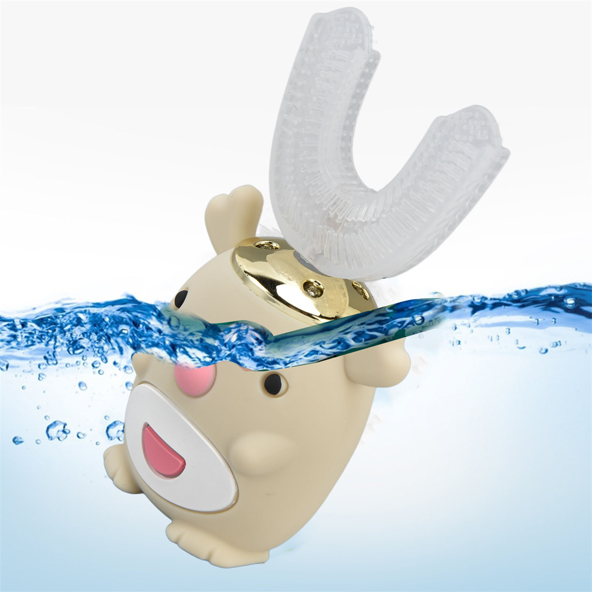 Cartoonartige elektrische Zahnbürste in Wasser getaucht, zeigt den Bürstenkopf.