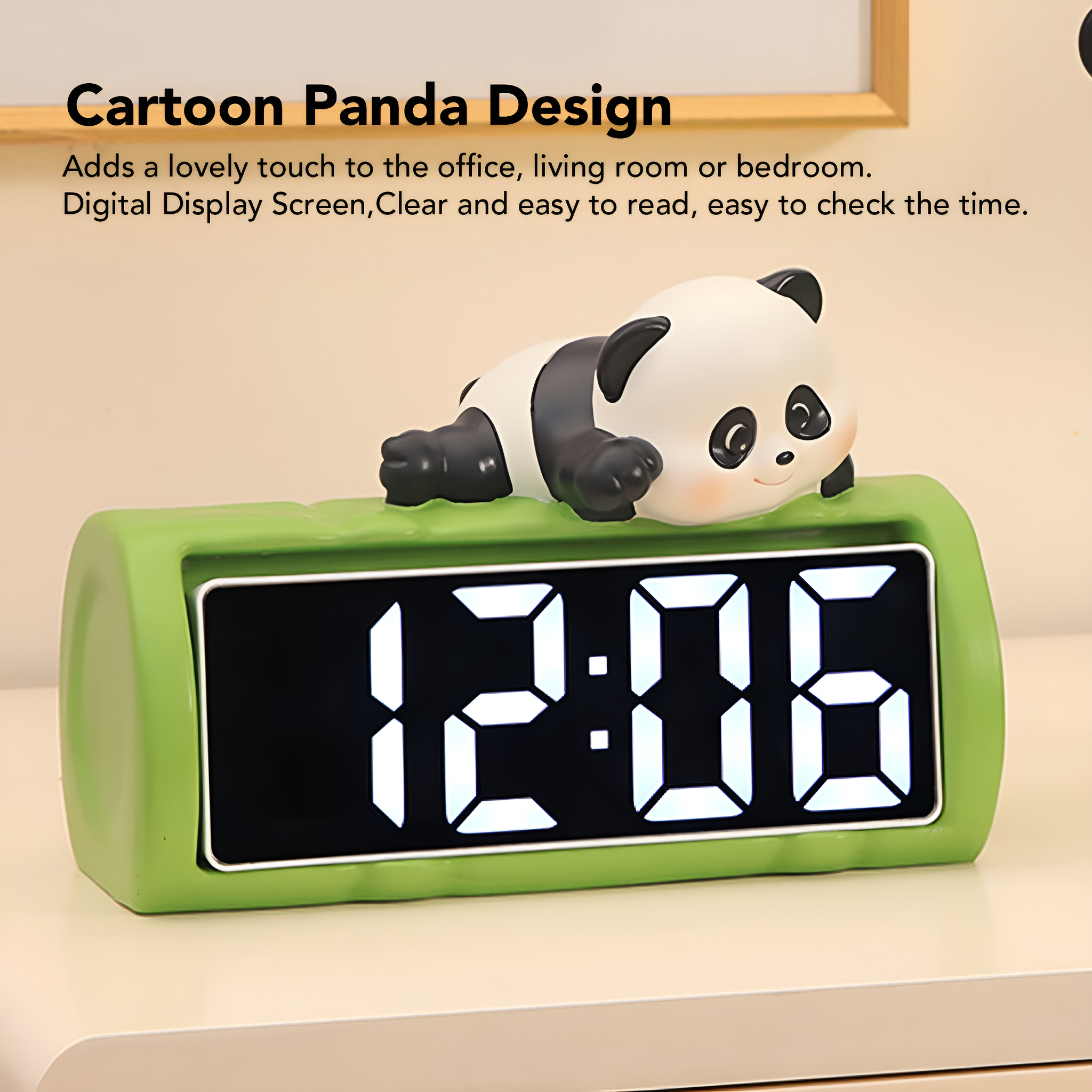 Grüne Panda-Uhr zeigt 12:06 Uhr an, auf weißer Oberfläche, mit Text.